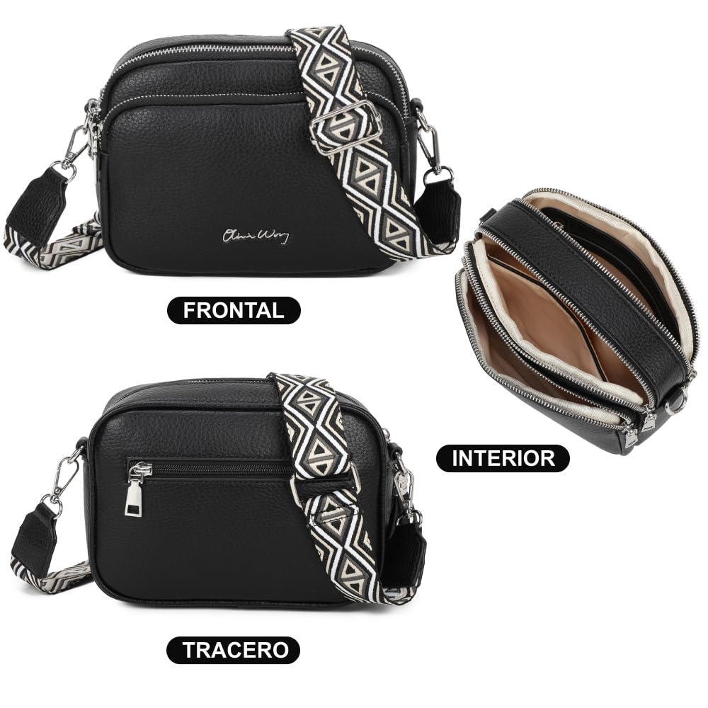Bolso bandolera mujer pequeño de cuero PU tres compartimentos y dos bandoleras, bolso mensajero para cruzar polipiel regalo original para mujer