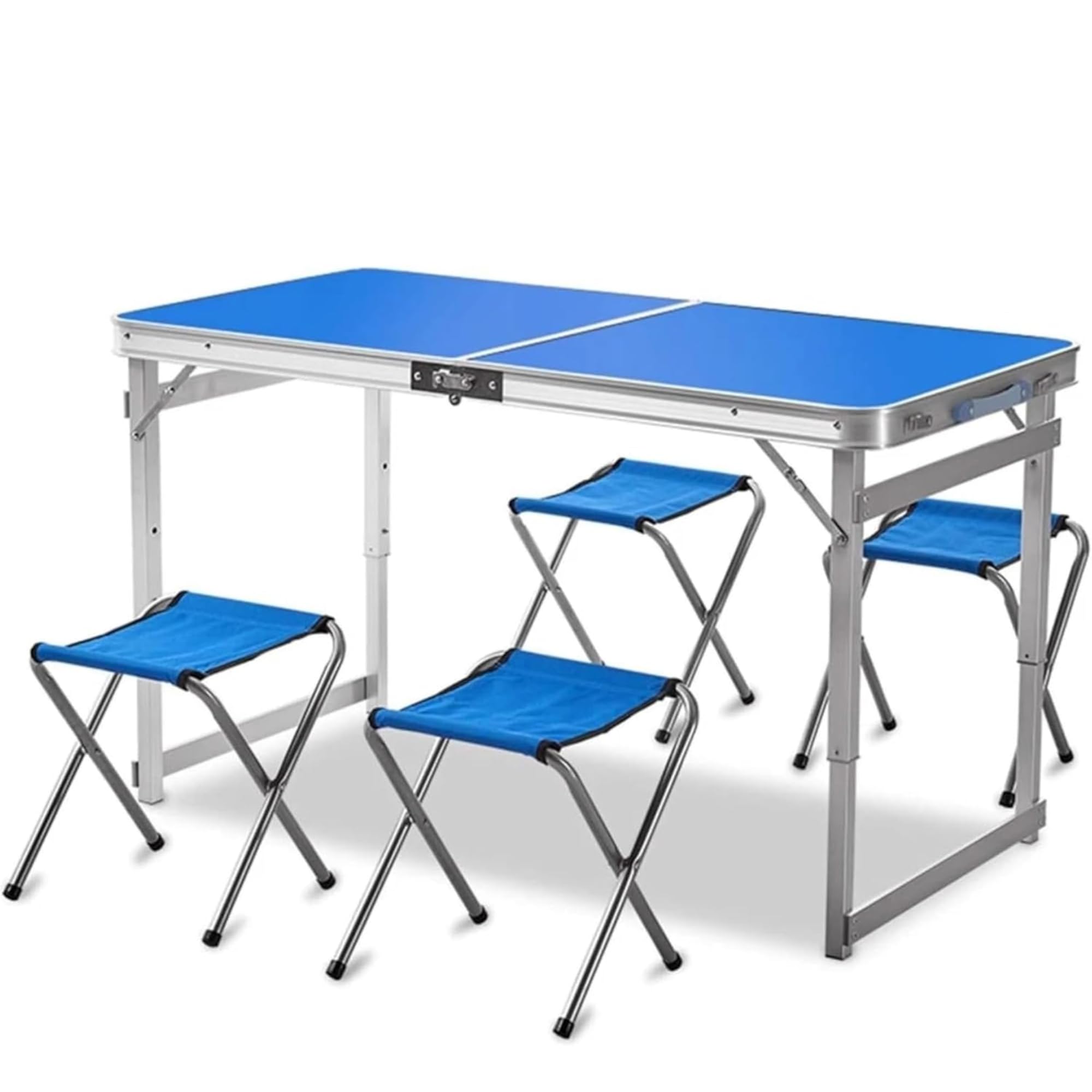 BURAKH Folding Camping Table with 4 Stools – Portable Lightweight Aluminium Picnic Party Dining Set, Adjustable Height, Outdoor Garden BBQ Travel Furniture (Blue, 120x60x74cm)