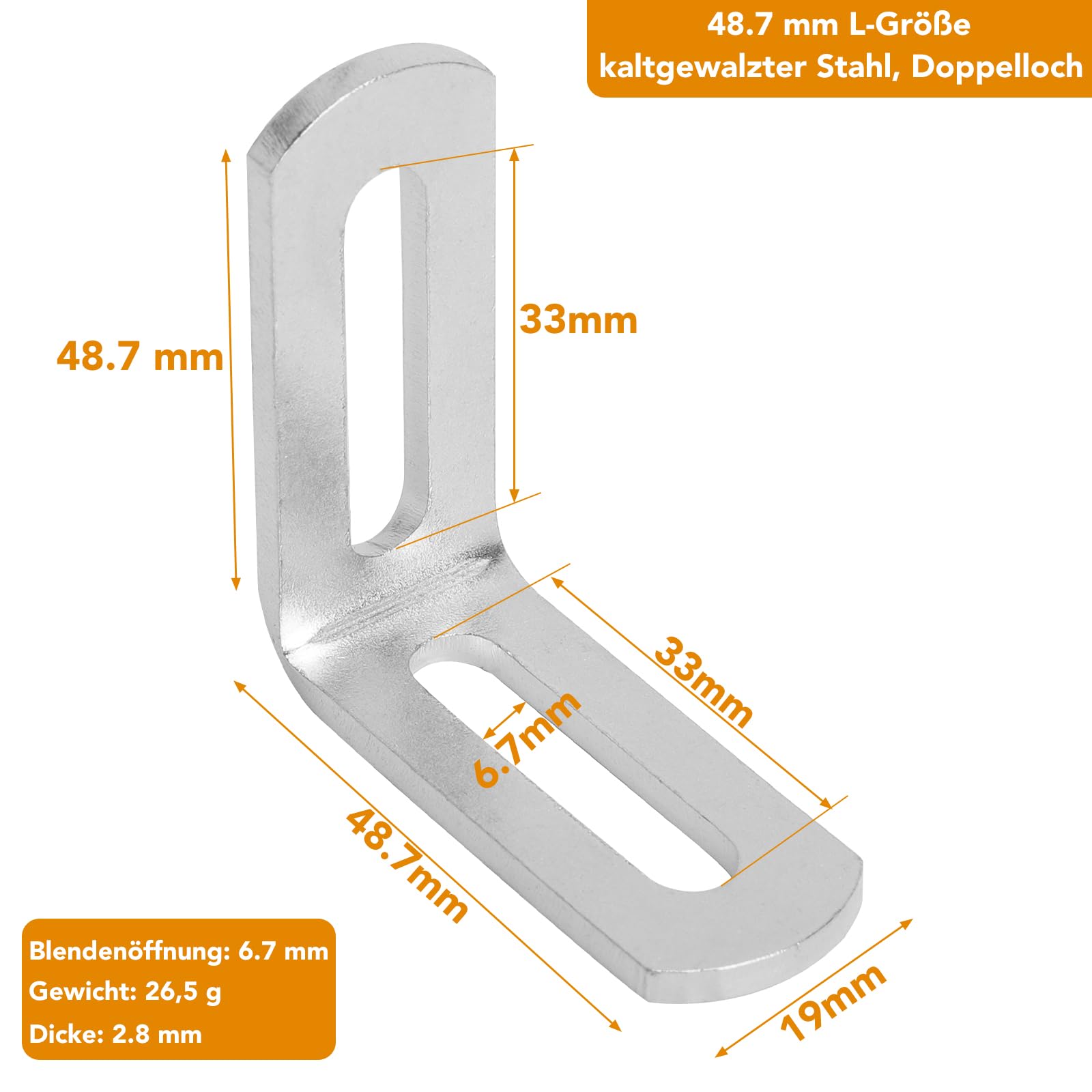 Staffa a L, angolare regolabile in acciaio zincato 49 x 49 mm Set di angolari in metallo da 16 pezzi spessore 2,8 mm, foro 6,7 mm Ideale per mobili bricolage scaffali aree esterne