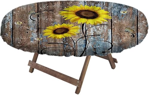 Miniatura 2 de Mantel ajustable ovalado de girasol, flores amarillas rústicas en puerta de granero marrón en otoño, para cocina, comedor, fiesta, vacaciones,