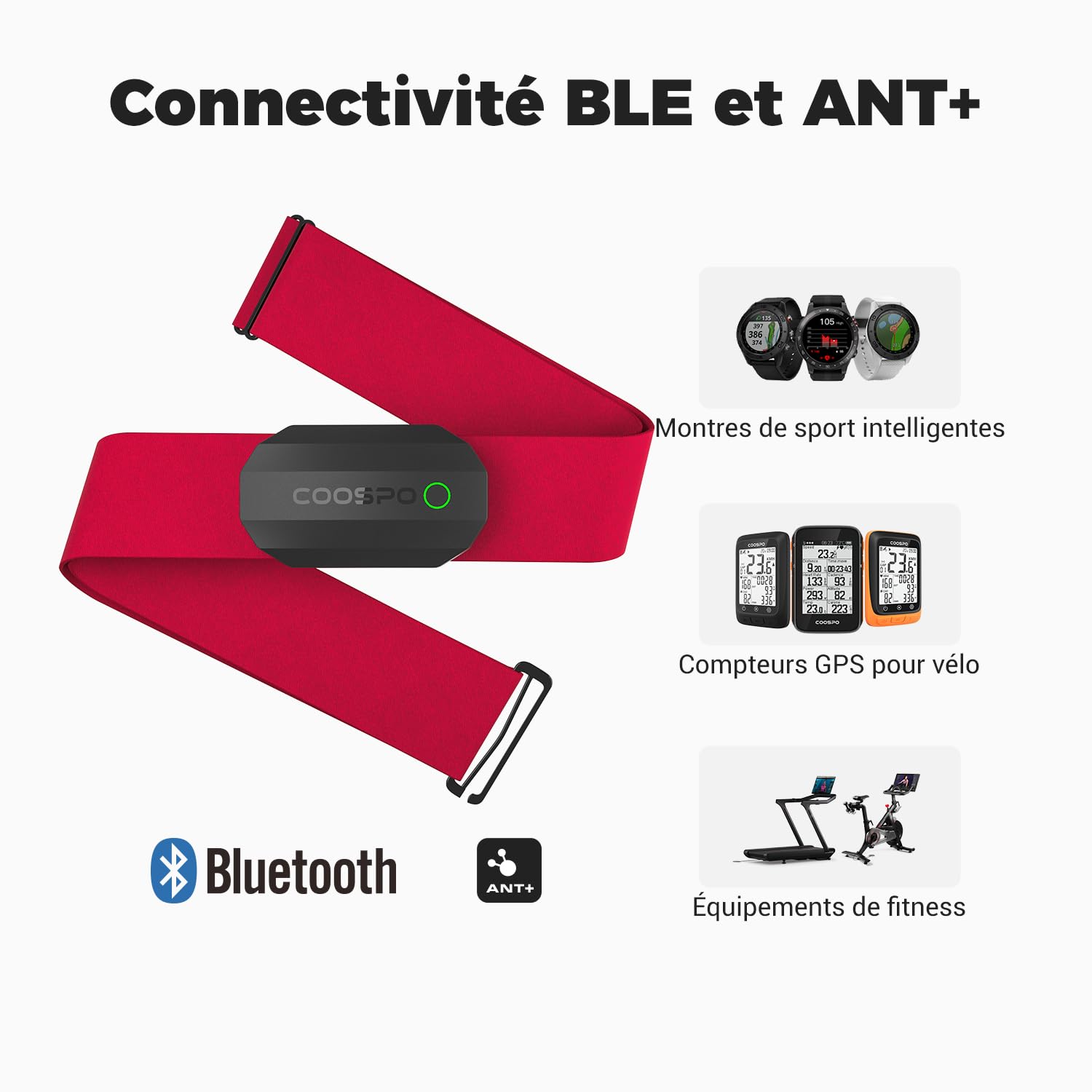 COOSPO H808S Capteur de Fréquence Cardiaque Bluetooth5.0 Ant+, Cardio Fréquencemètres ECG/EKG, Étanche IP67, Compatible avec Wahoo, Strava, adidas, Coosporide, Polar Beat, Kinomap