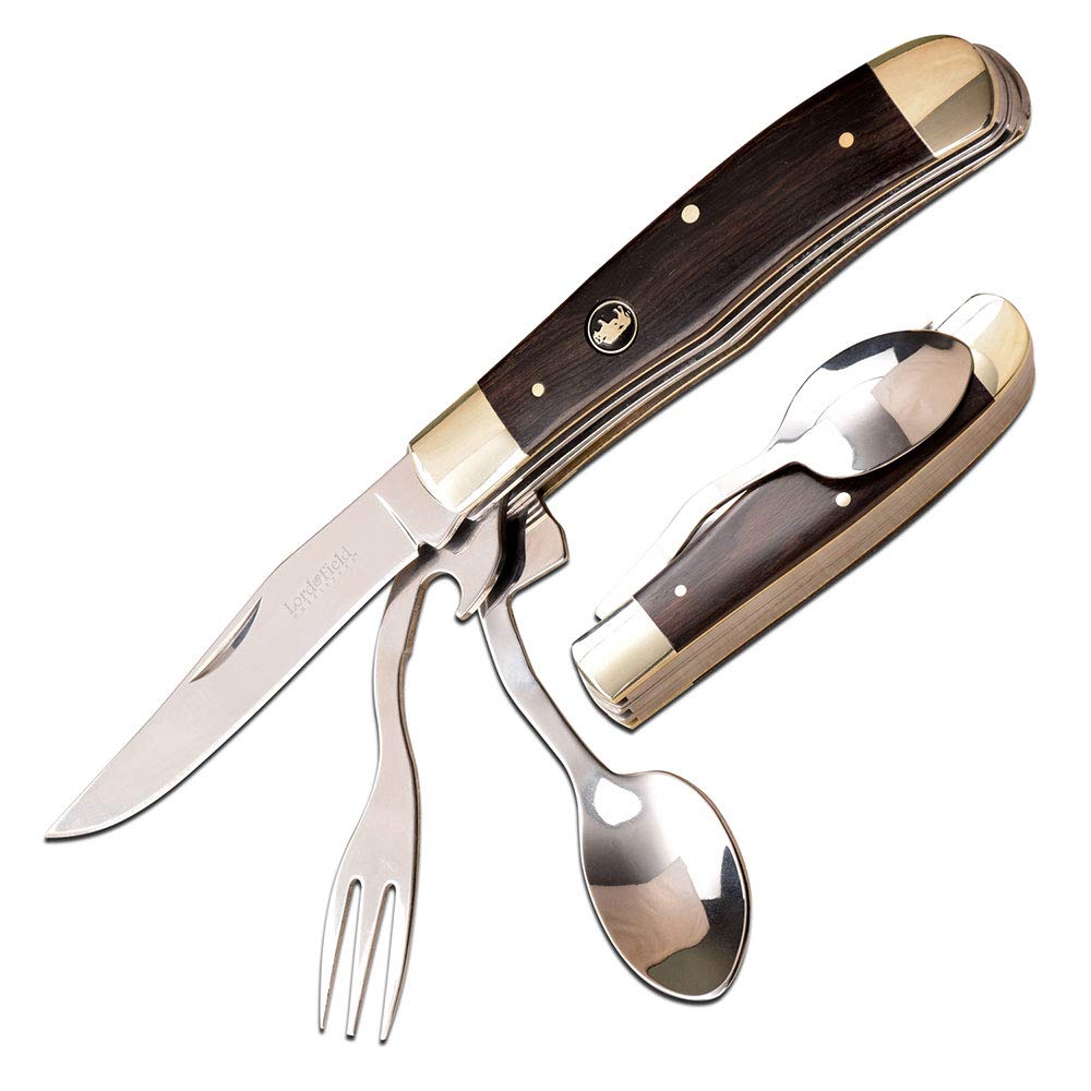 Elk Ridge - Outdoors - Stainless Steel Multi-Function Pocket Knife, Fork, Spoon and Bottle Opener, 4-in-One Tableware, 4-in Closed, Wood Handle - Camping, Hunting, Survival, Multi-Tool - ER-439W