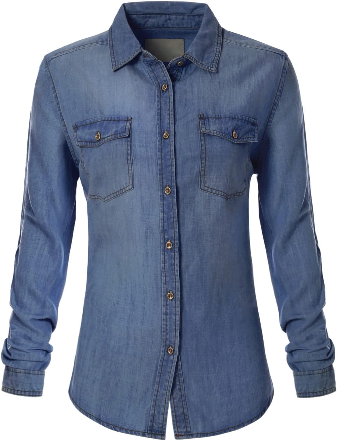 Design by Olivia Women's Classic Long/Roll Up Sleeve Button Down Denim Chambray Shirt - Image 2
