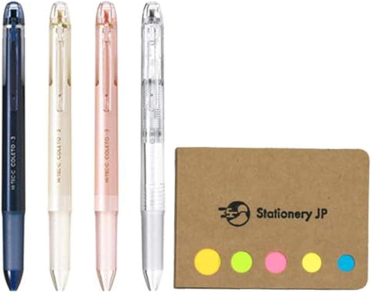 Pilot Hi-tec-c Coleto 3 colores Multi Pen, paquete de 4 bolígrafos solo cuerpo | Patrón básico y perlado, empuñadura de goma, juego económico de notas adhesivas
