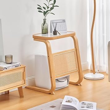 Robot Vacuum Hidden Cabinet, Resin Rattan Storage Cabinet, C-Shaped End Tables, Reversible Sweeping Robot Storage Rack, Accent Side Tables for Living Room, Bedroom