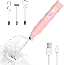 Milk Frother Rechargeable Handheld Electric Whisk Coffee Frother Mixer with 3 Stainless whisks 3 Speed Adjustable Foam Maker Blender for Coffee Matcha Latte Cappuccino Hot Chocolate(Pink)