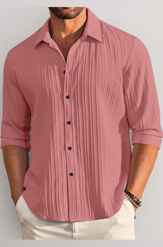 Men's Casual Cotton Plain Button Down Shirt Long Sleeve Textured Summer Beach Shirt for Men