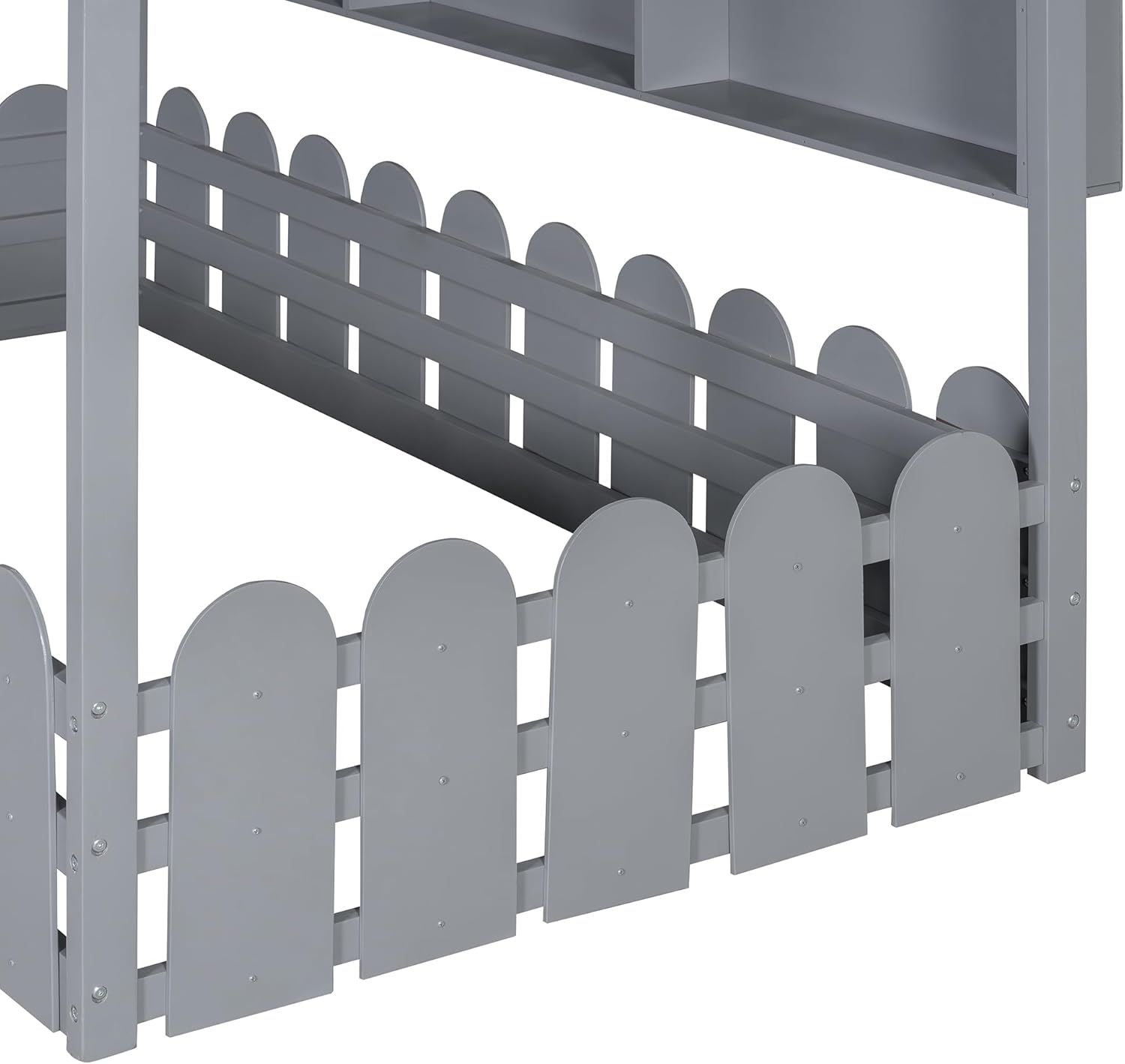 MERITLINE Montessori House Bed, Twin Size Floor Bed with Fence Railings, Tent, 3-Mode Lights & 3 Storage Shelves, No Slats Design Children Bed (Grey)