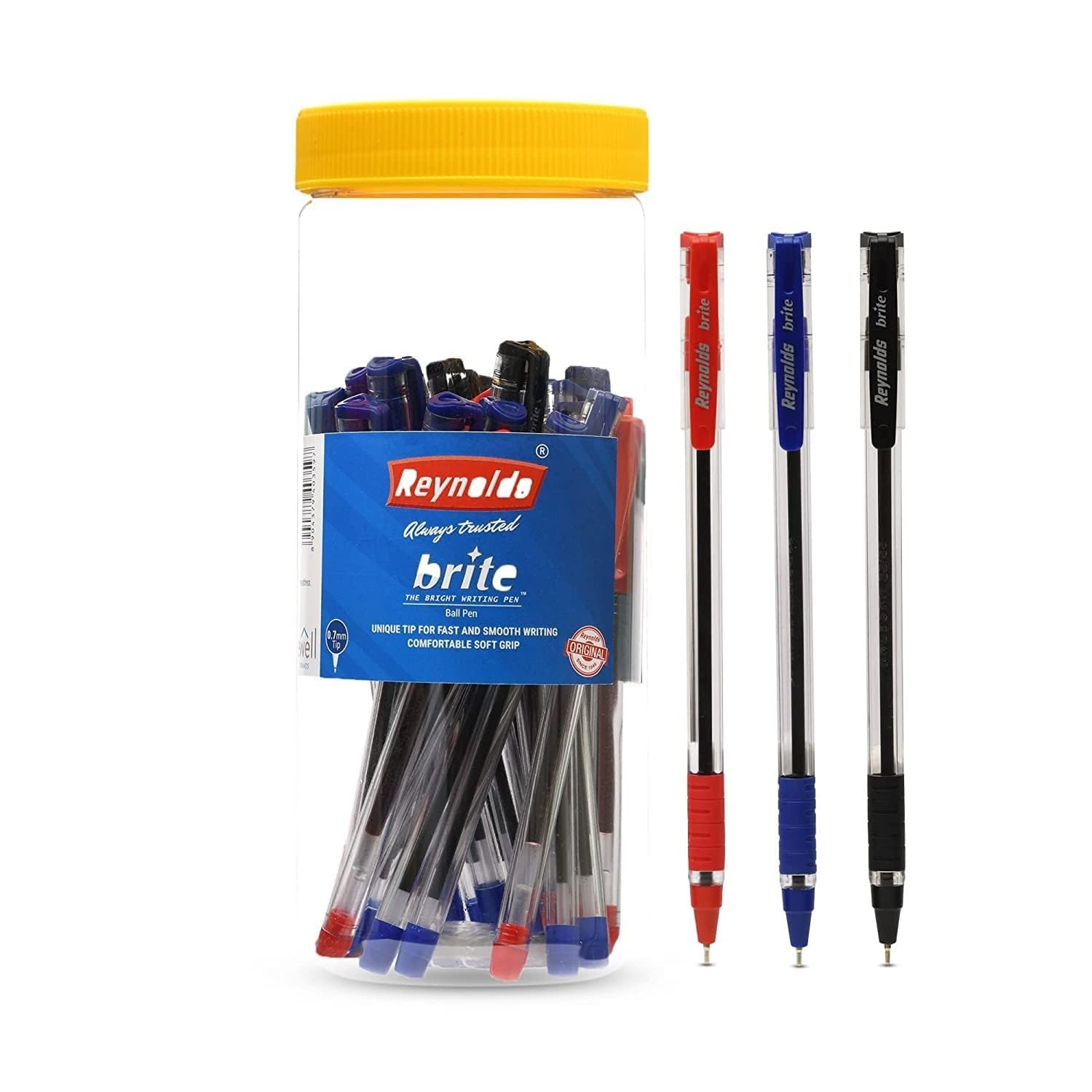 Reynolds BRITE Ball Pen SET - 25 PENS (15 BLUE, 5 Black, 5 Red) | PEN WITH COMFORTABLE GRIP |BALL PENS FOR WRITING | PEN FOR STUDENTS & OFFICE STATIONERY | 0.7 mm TIP SIZE