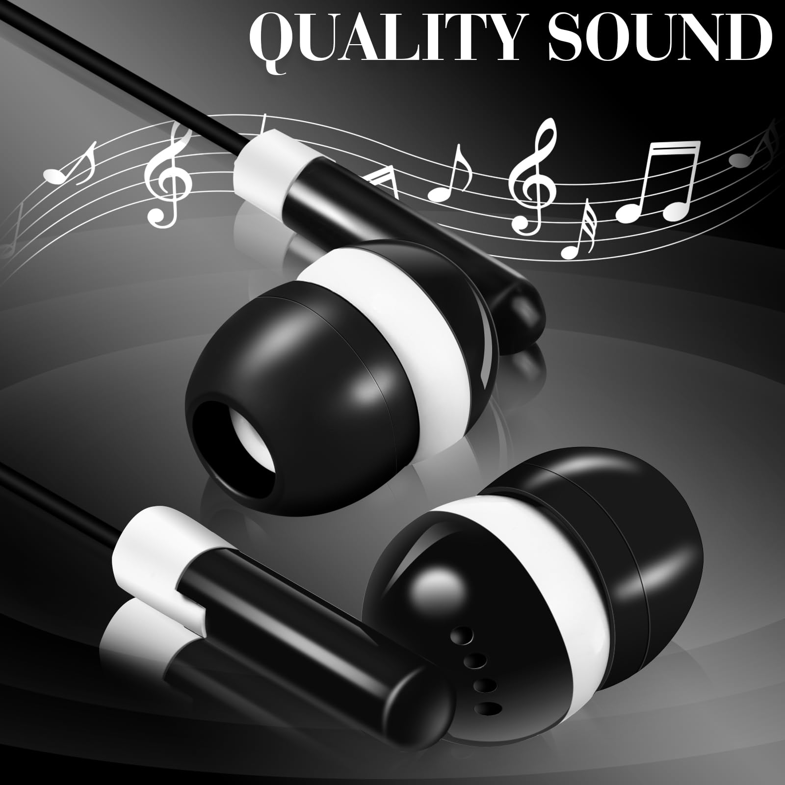 Konohan Lot de 500 écouteurs intra-auriculaires en vrac avec fil pour bibliothèque, ordinateur portable, sans microphone, jack 3,5 mm, écouteurs à pois, emballés individuellement (noir)