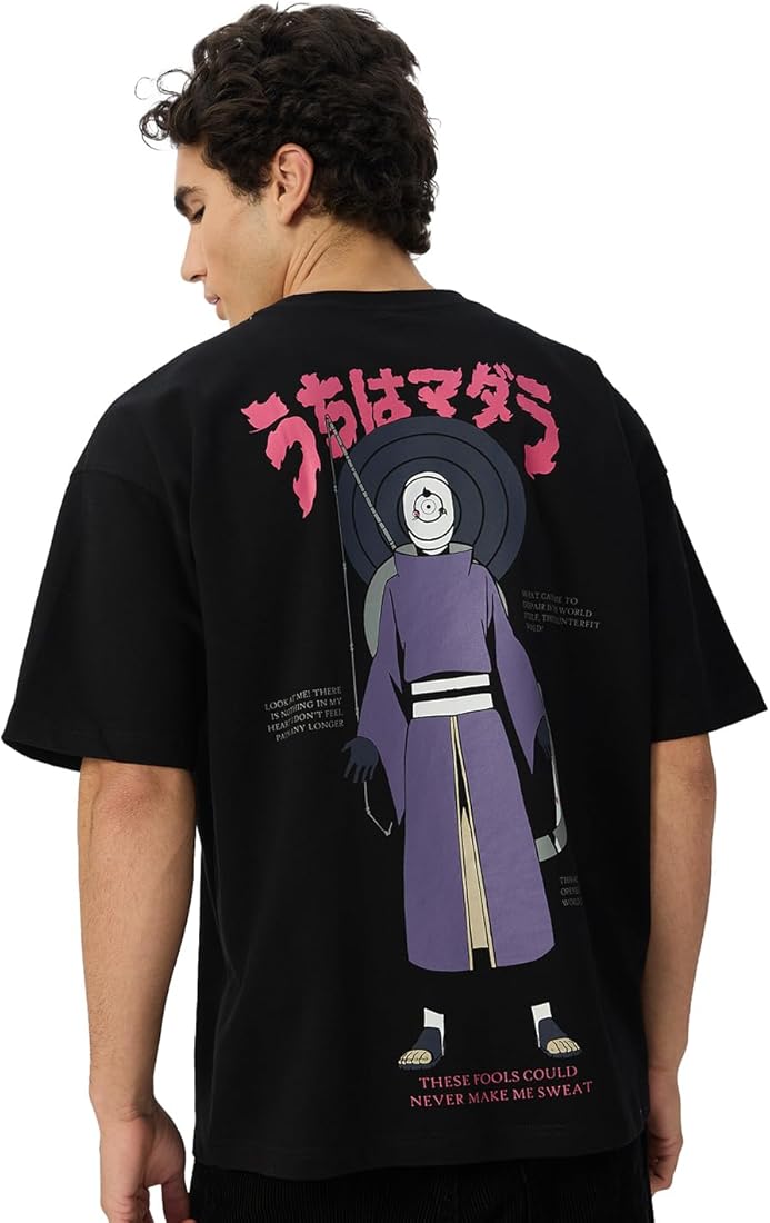 The Souled Store Naruto Shippuden: Obito Men and Boys Short Sleeves Round Neck Grey Graphic Printed Cotton Oversized T-Shirts
