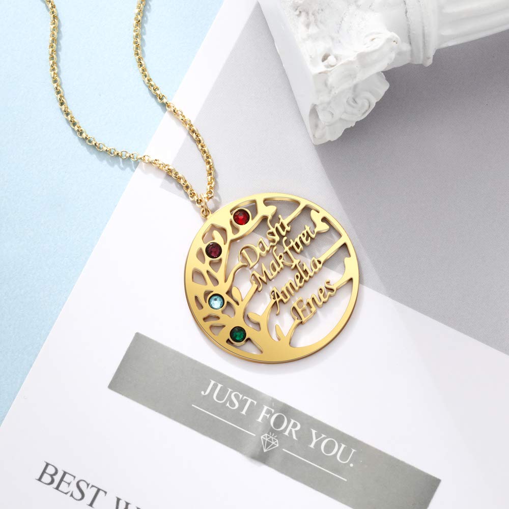 kaululu Collana Donna Albero della vita con Nome Personalizzabile 2-4 Famiglia Bff Nomi Incisione Simulato Pietre Collane Mamma con Nome Ciondolo in 925 Argento Gioielli Compleanno (Gold, 4 name)