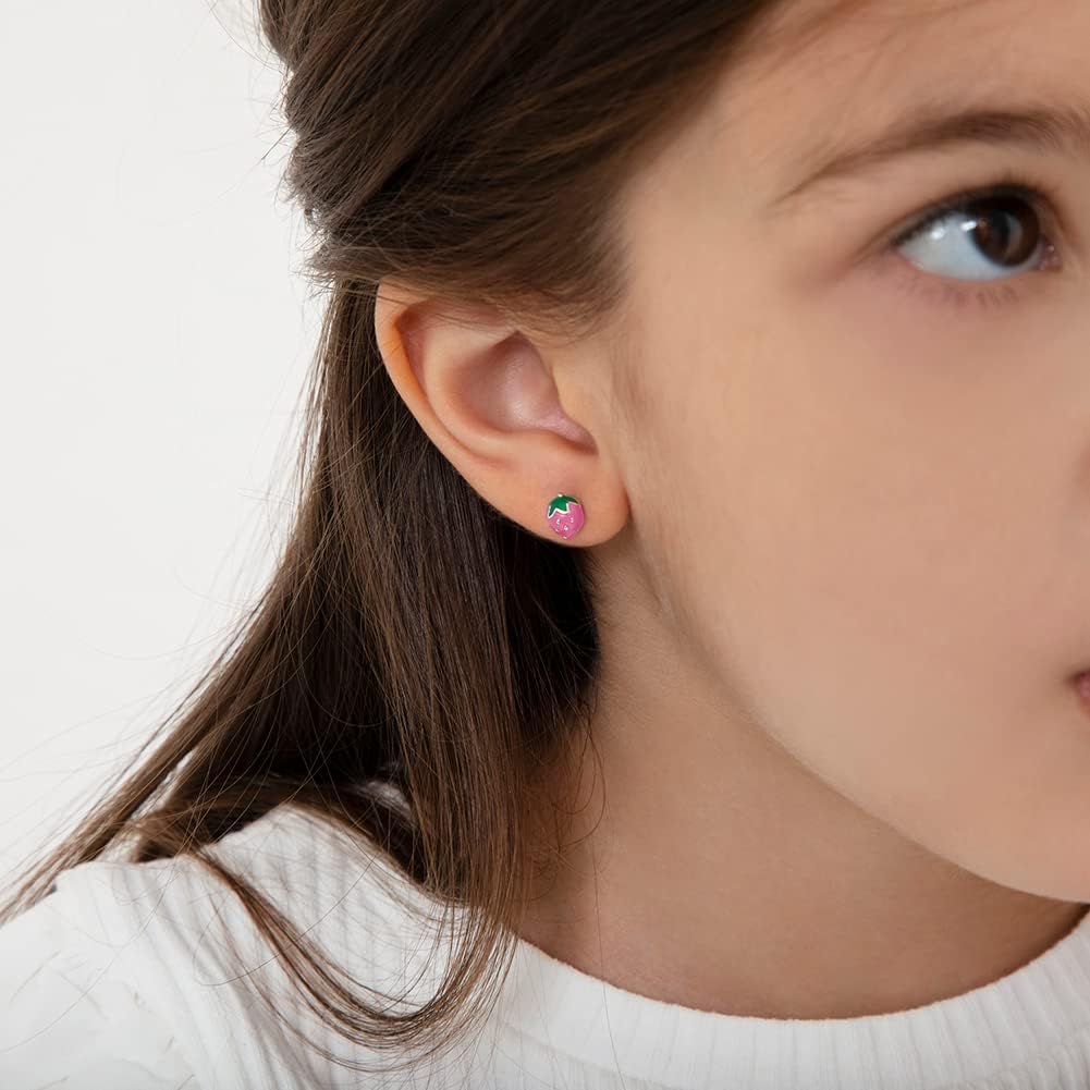 In Season Jewelry Strawberry Stud Earrings for Kids - 925 Sterling Silver Earrings for Girls with Secure Screw Backs - Safe & Comfortable for Toddlers, Kids & Little Girls