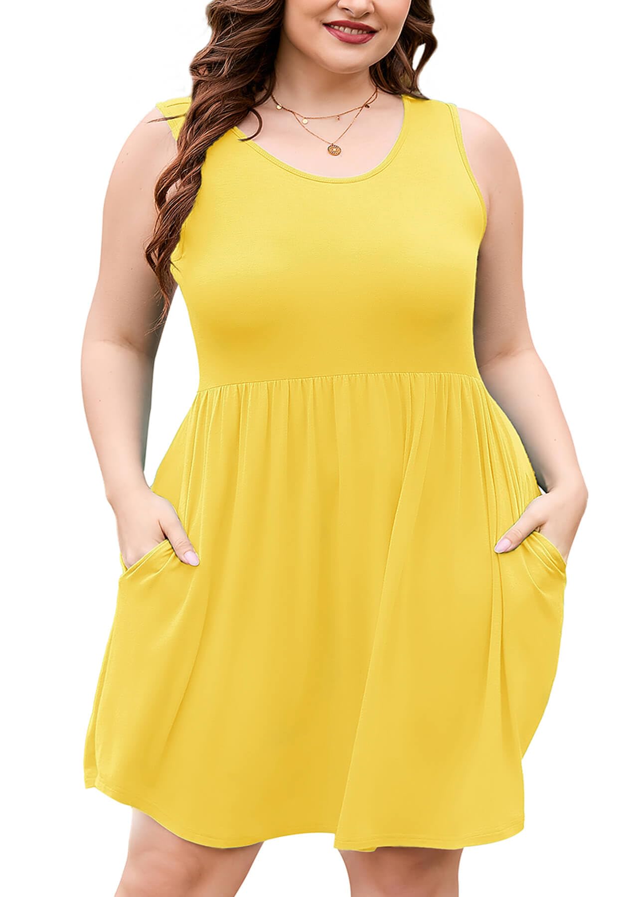 AusLook Plus Size Summer Tank Dress for Women Casual Sleeveless Crewneck Pleated Babydoll Swing Sundresses with Pockets 1X-5X