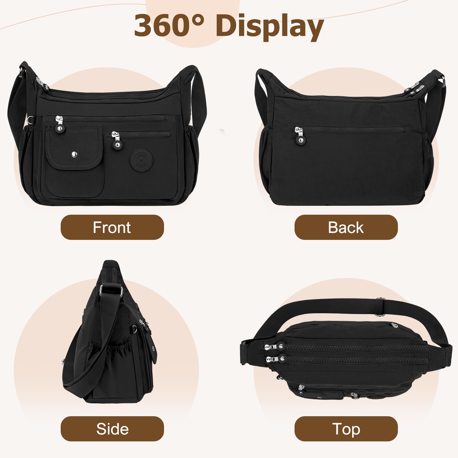 Bolso Bandolera Mujer Grande Nylon Bolso Cruzado Impermeable Bolsos Multibolsillos Crossbody Bag Mediano con Correa Ajustable Casual Bolsos de Mano para Escuela Viaje Trabaja