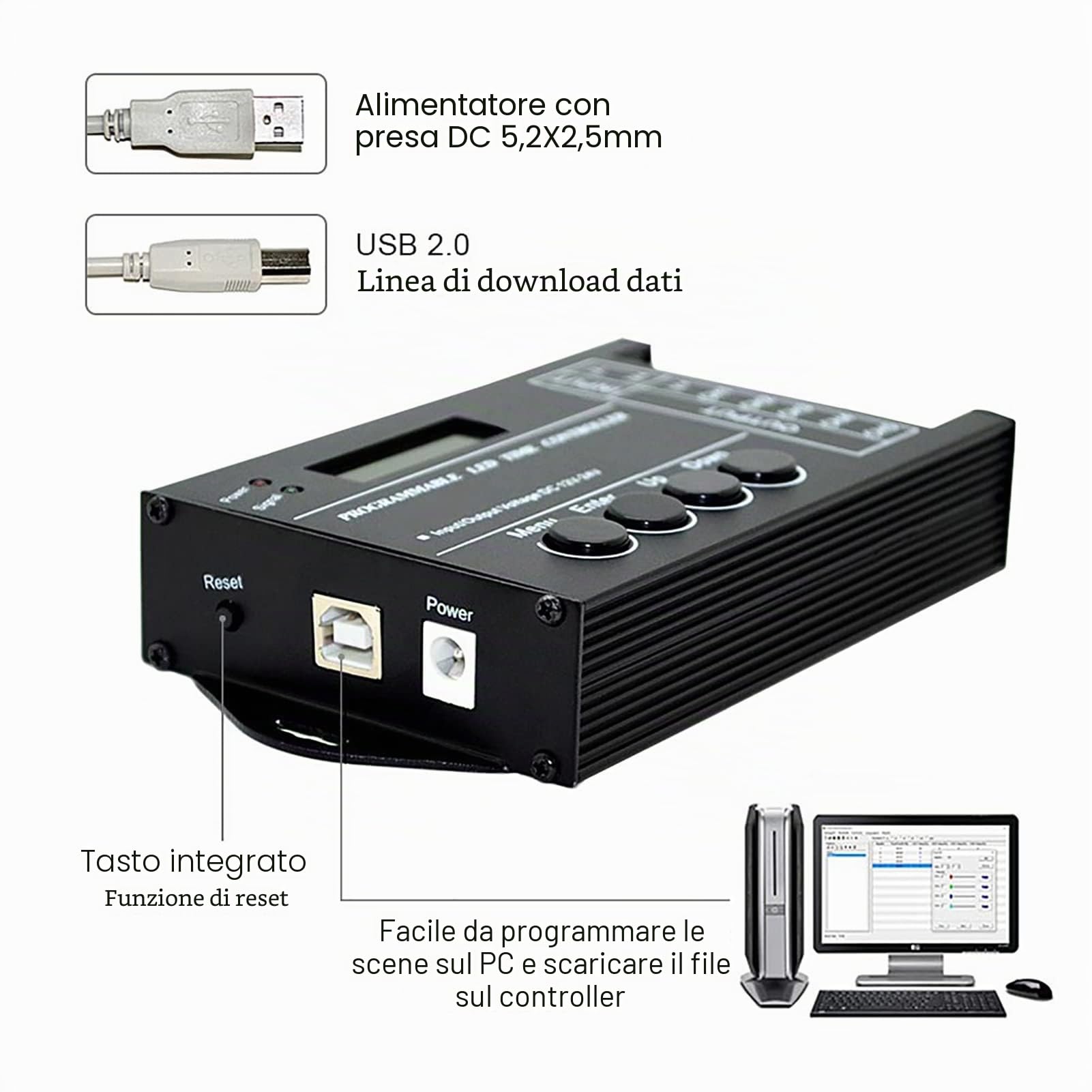 MAGT Timer Programmabile Digital Led Regolatore Per Led, 1 Imposta DC12/24V 20A Timer Digitale Programmabile 5 Canali Regolatore di Tempo a LED Programmabile Regolabile a Colori con Cavo CD USB