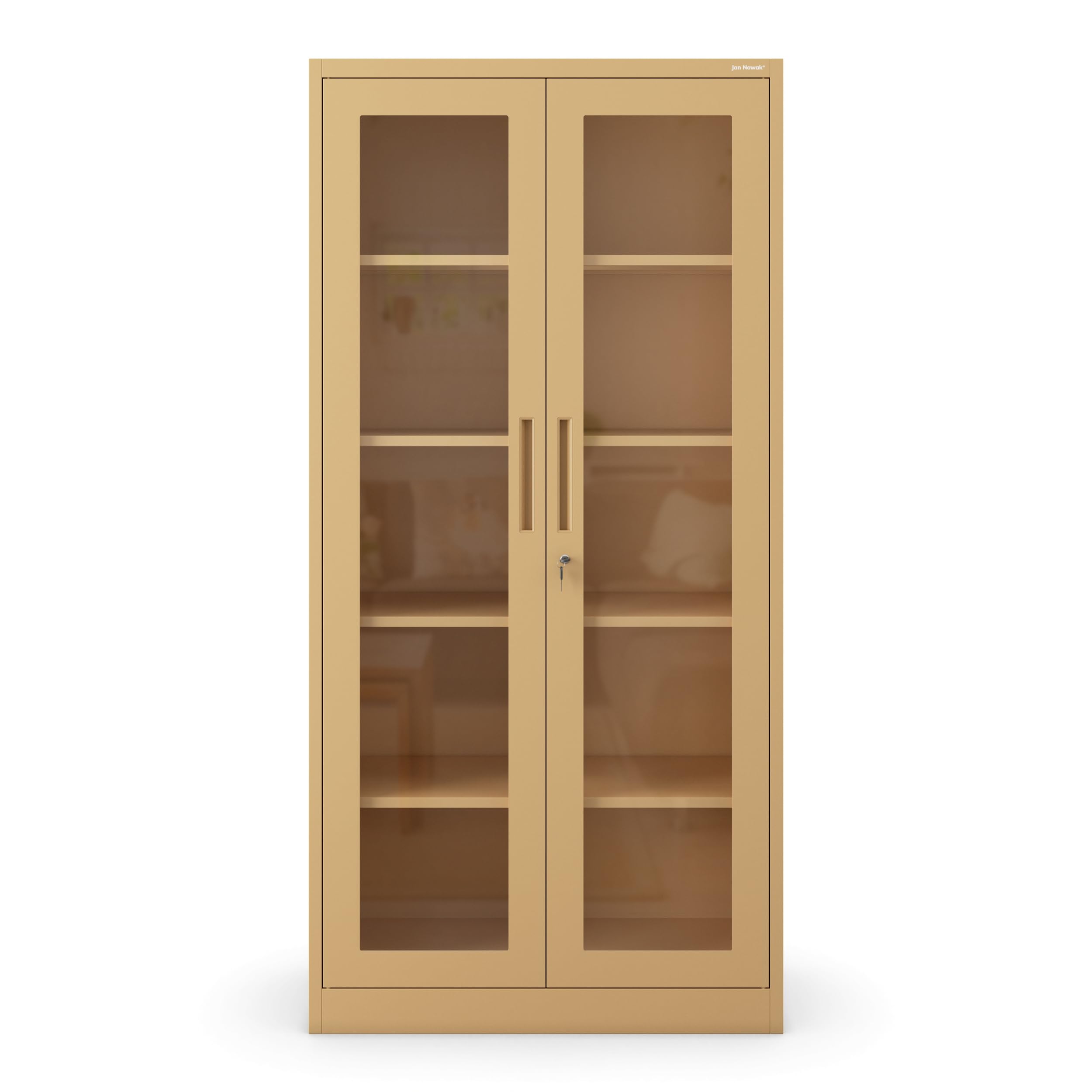 Jan Nowak Metallschrank mit Glasvitrine Aktenschrank Büroschrank Aufbewahrungsschrank 4 verstellbare Fachböden Sicherheitszylinderschloss Pulverbeschichtung Beige