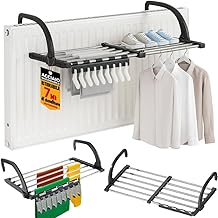 BAKAJI Extendable and Folding Balcony Airer in Stainless Steel, Space-Saving Clothes Airer, Extendable from 62 to 110 cm for Laundry with Socks and Underwear Holder, Railing Clothes Airer