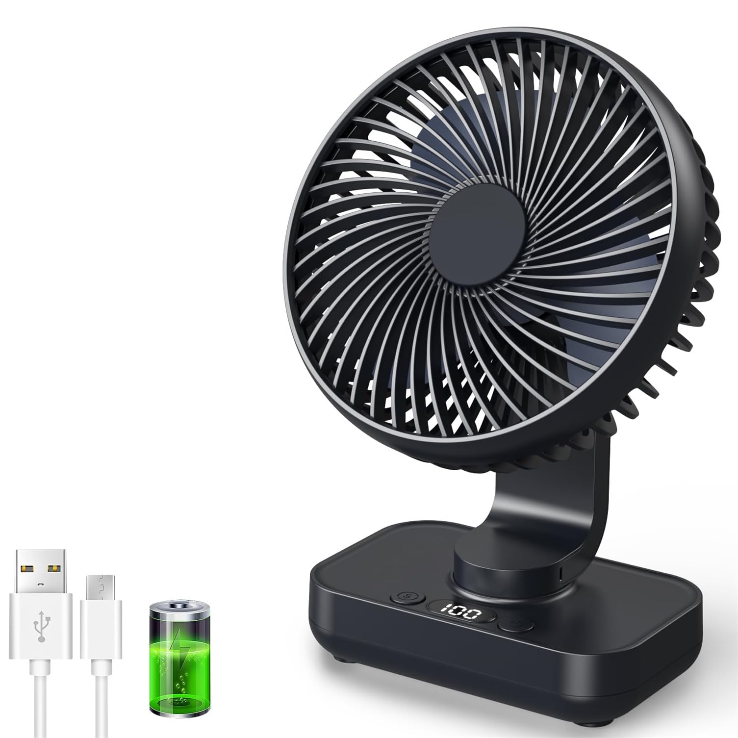 Twinice Ventilatore da Scrivania USB, Batteria Ricaricabile 4500 mAh, 4 Velocità, Oscillazione Automatica, Schermo Digitale, Nero