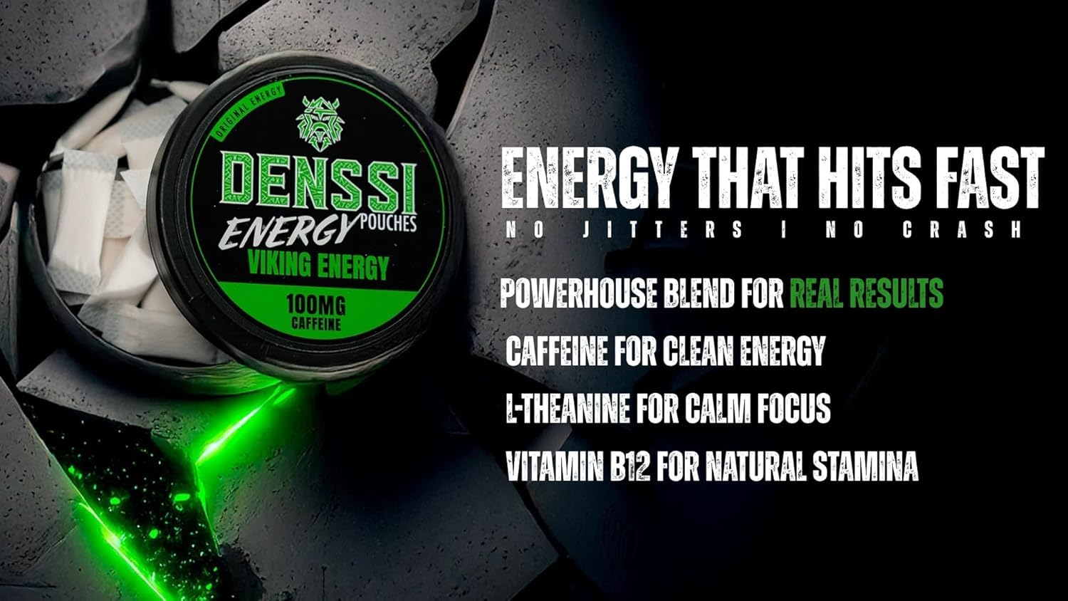 Denssi Pouches d'énergie - Sacs d'énergie à la caféine - Remplacement gratuit/Alternative pour la concentration et l'énergie - Sacs Nootropiques sans Sucre (10 Packs, Viking Energy)