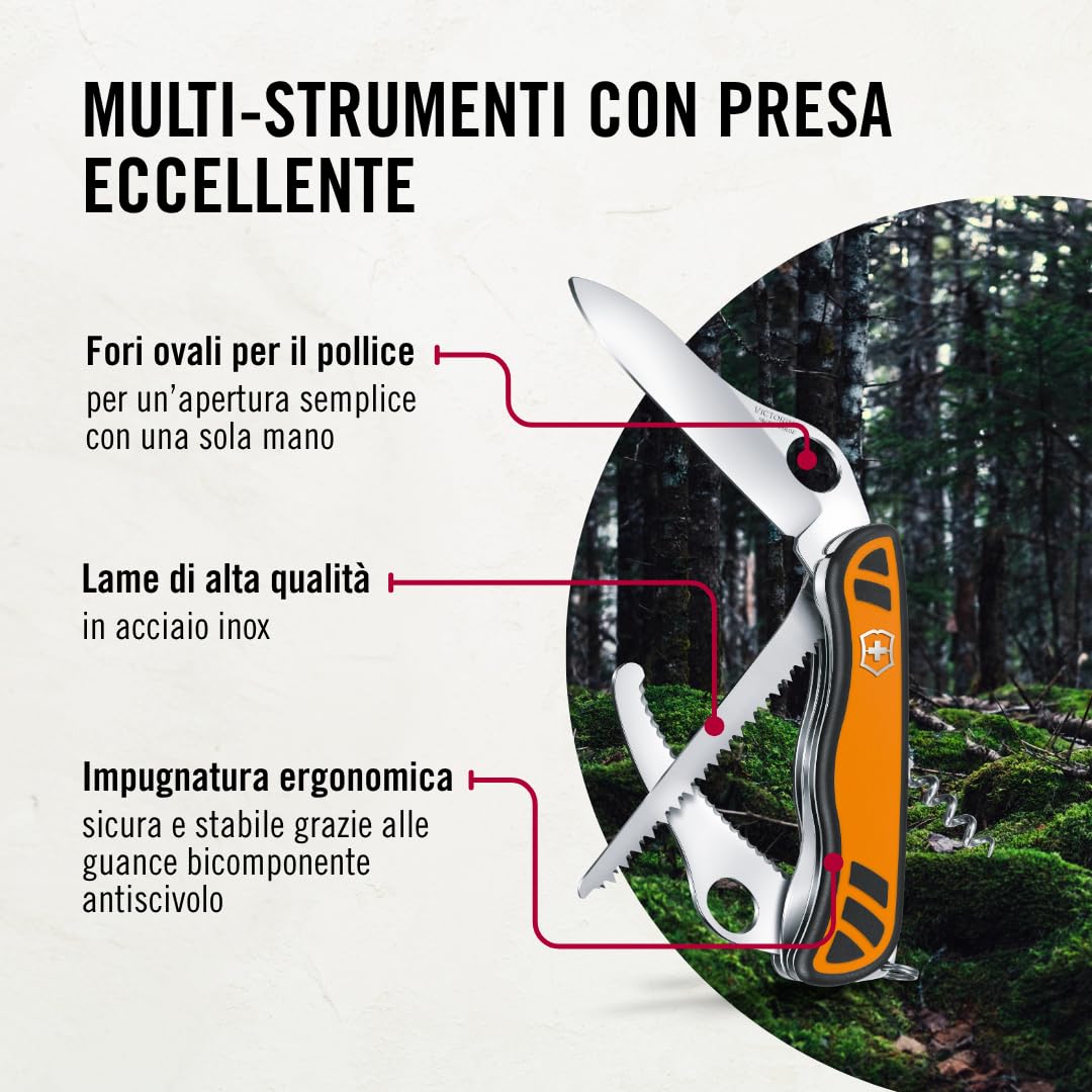 Victorinox Coltellino Svizzero Hunter XT Grip, Coltello per la Caccia, 6 Funzioni incl. Seghetto per Legno, Lama Bloccabile a Una Mano, Arancione/Nero