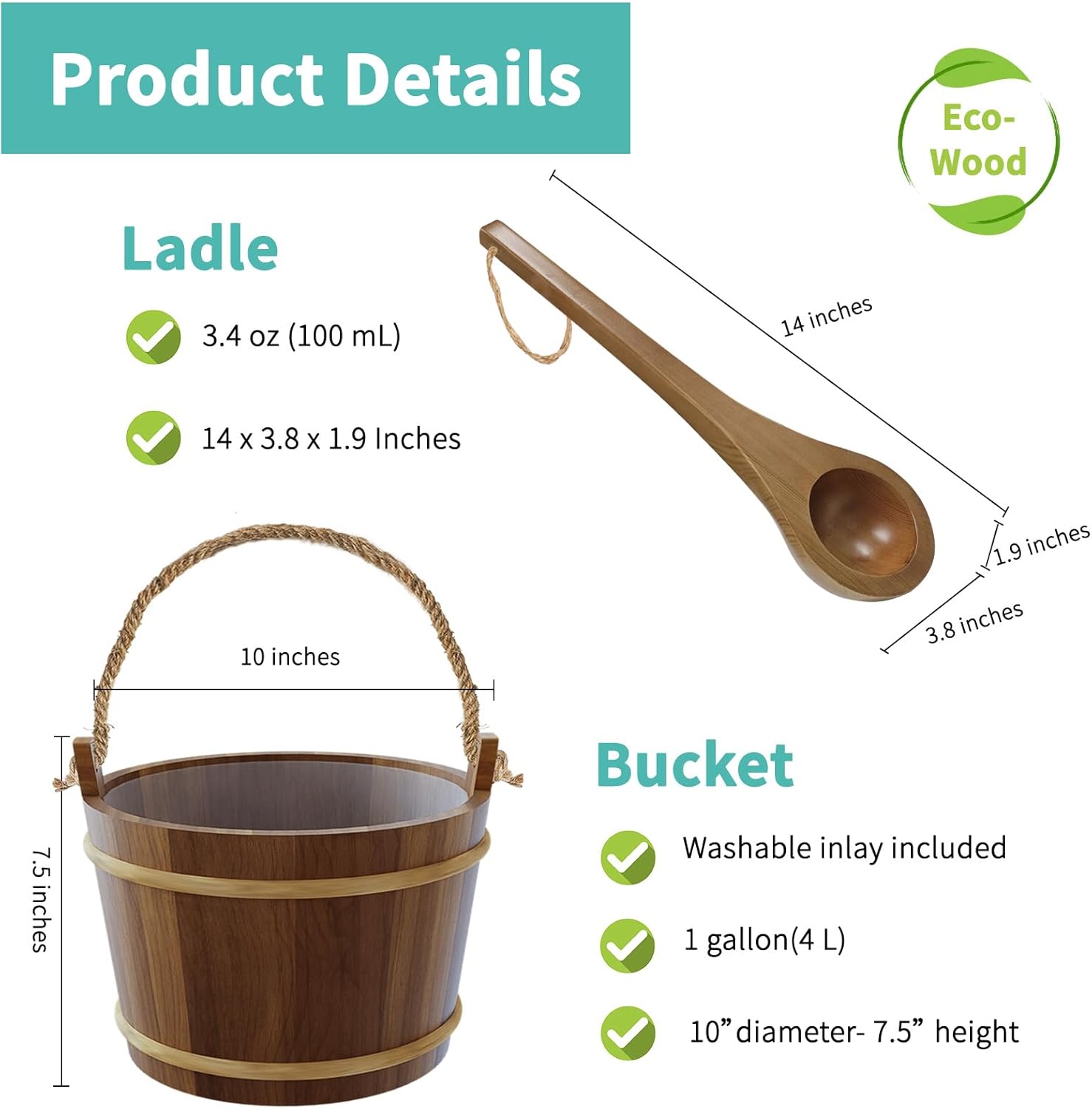sauna bucket and ladle set, handmade from canadian red cedar wood, wooden sauna bucket, sauna accessories, natural rope handle, wood bucket kit 1 gallon (4 liters) water capacity