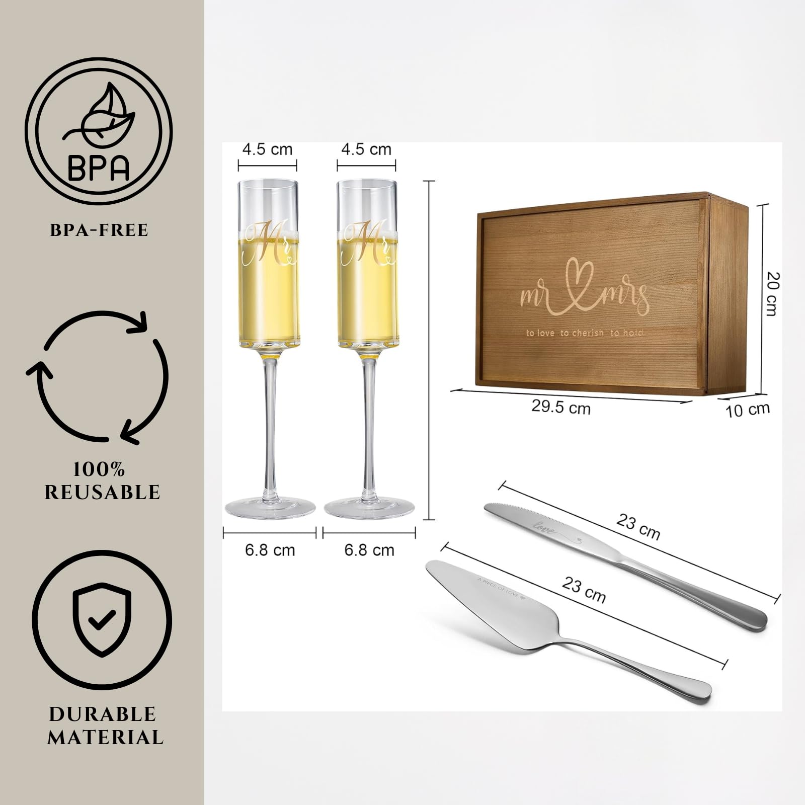 Ensemble de flûtes à champagne, couteau à tarte et pelle à gâteau avec boîte à mémoire en bois, cadeau de mariage Mr & Mrs en cristal, cadeau de mariage, fête prénuptiale, anniversaire, fiançailles,