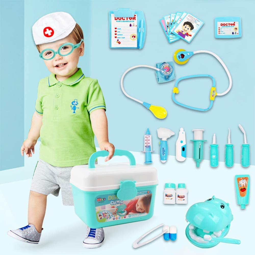 deAO Malette Docteur Enfant Kit avec Sons et Lumière, Stéthoscope Réel Bleu | Médecin Jouets Déguisement de Docteur Accessoires avec Sac de Médecin Portable Thermomètre, Kids Jeu de Rôle pour Dentiste
