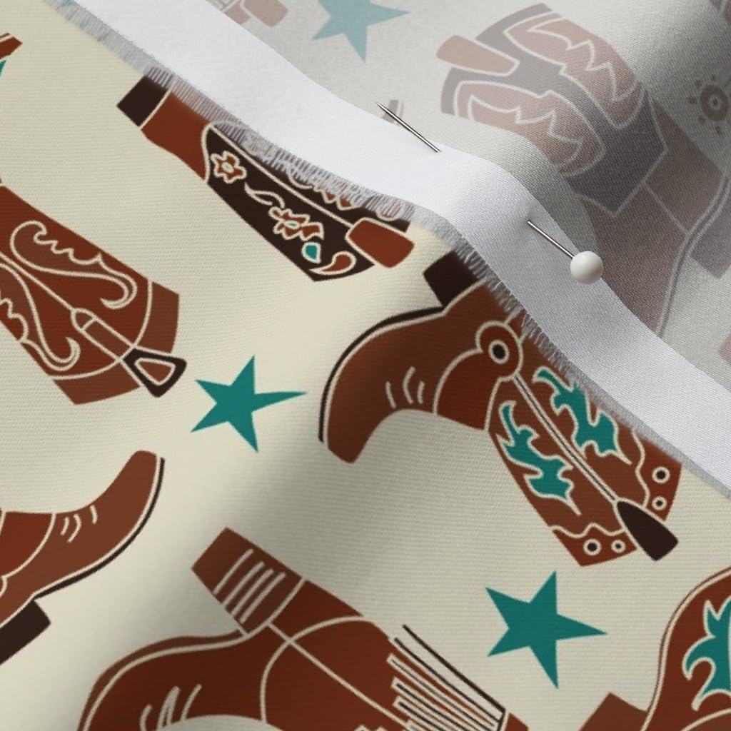 Spoonflower Fabric - Western Boots Cream Cowboy Cowgirl Blue Stars Neutral America Nursery Printed on Organic Cotton Sateen Fabric by The Yard - Sewing Quilting Apparel Home Decor