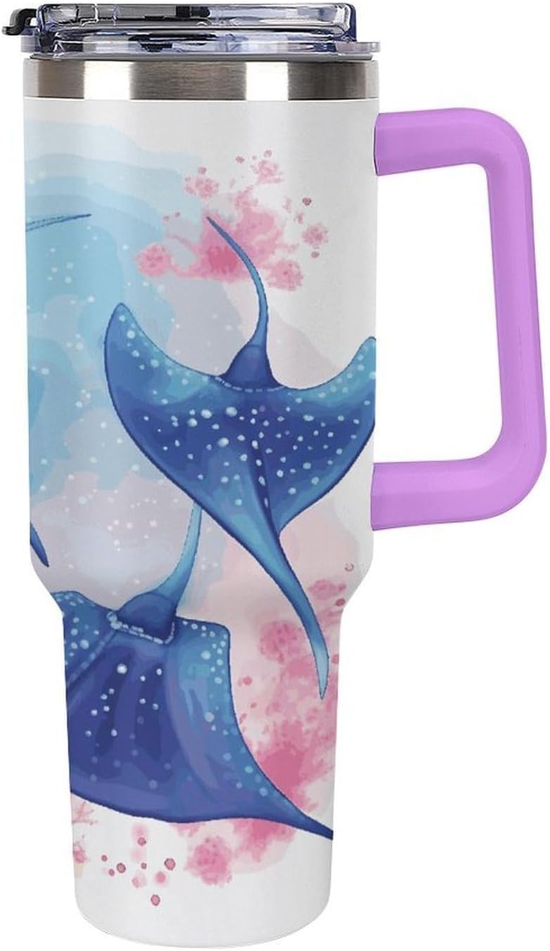 40 Oz Insulated Mug with Handle, Stainless Steel Sea Animals Stingrays Printed Travel Mug Portable Leak-proof Large Car Mug for Home, Office Or Car