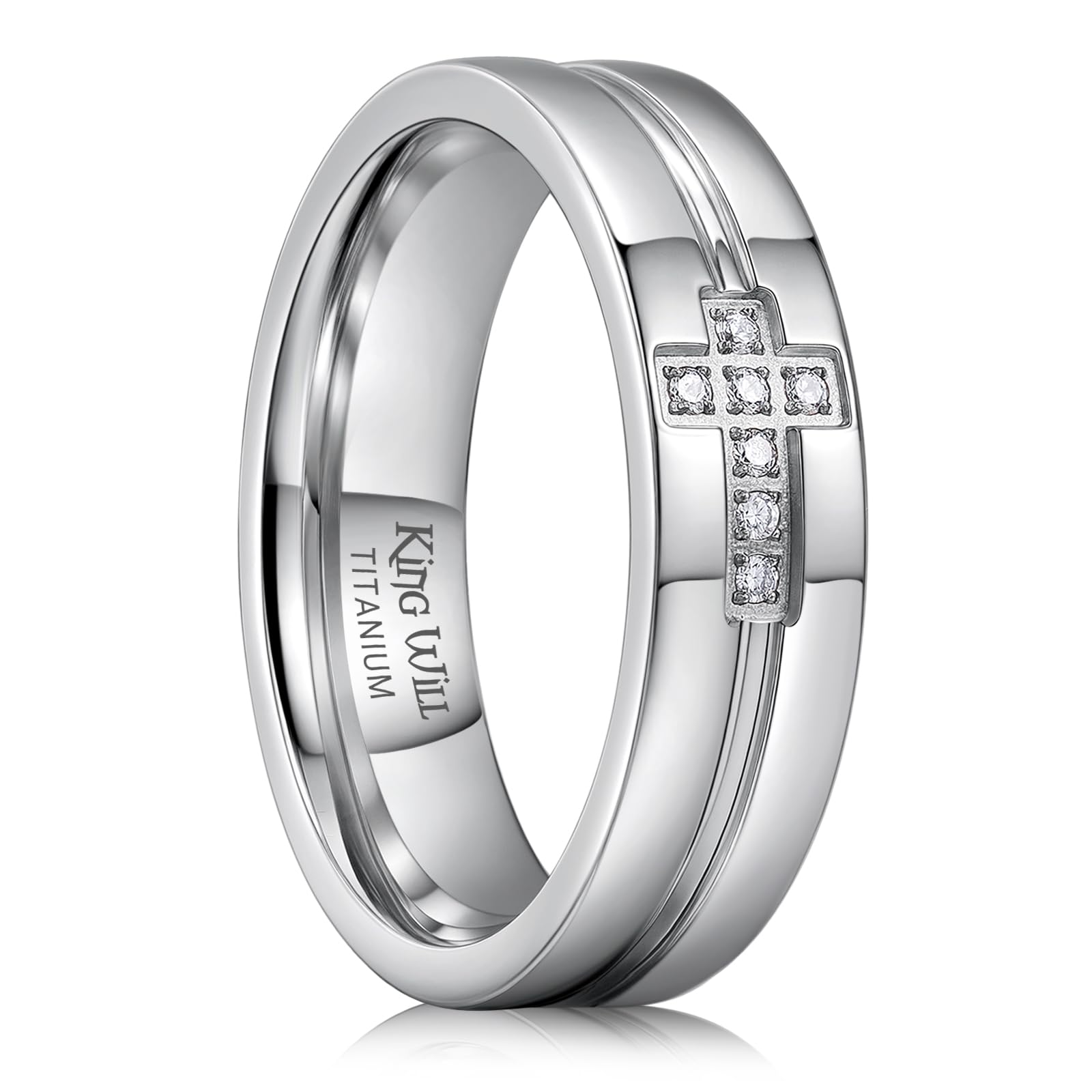 King Will Anillo de boda de titanio para hombre, 6 mm, con diseño de cruz y circonita blanca, anillo de compromiso o alianza, ajuste cómodo, elegante joyería para el día a día y fiestas 59,4 (18,9)