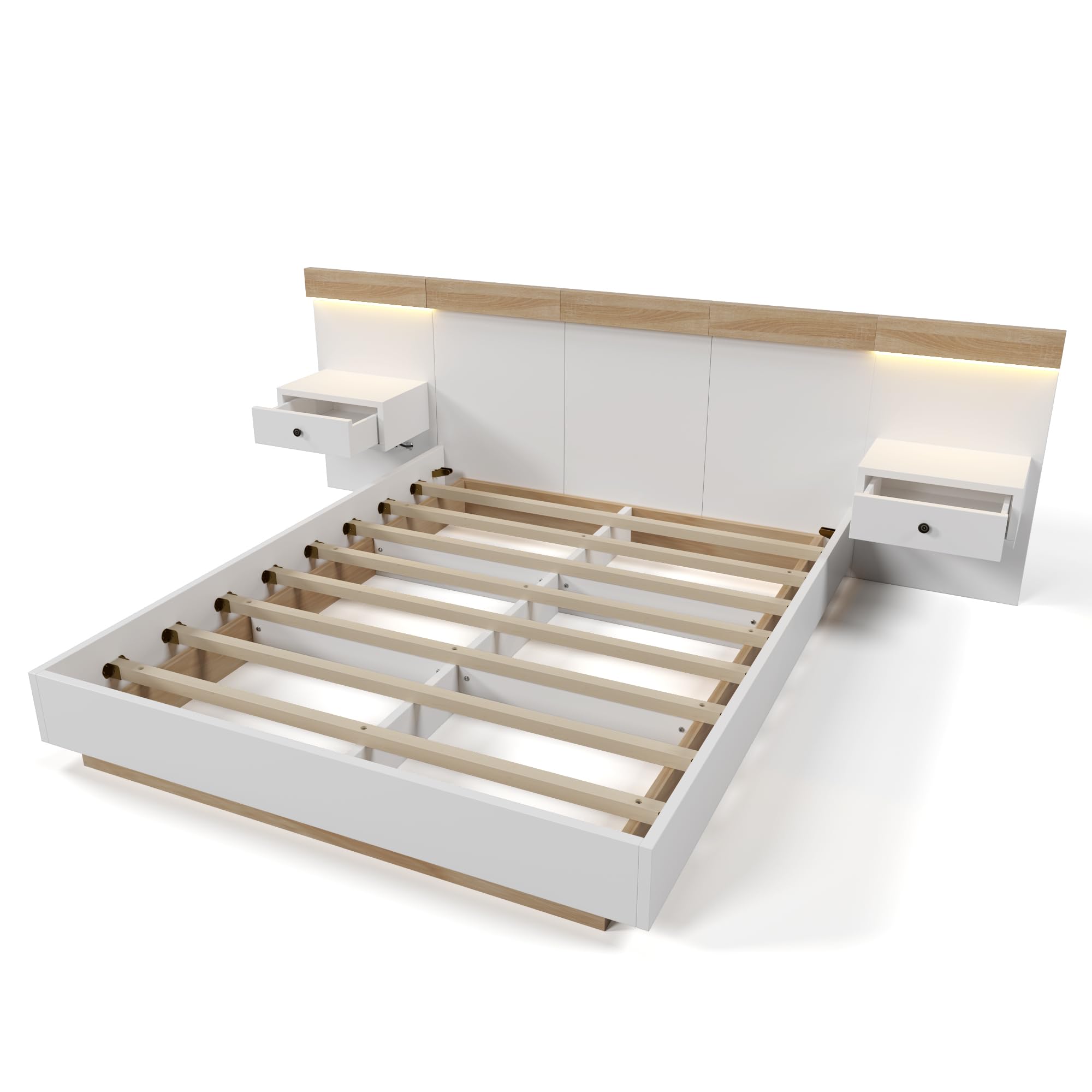 Doppelbett Bettanlage mit 2 LED Nachtkommoden& USB C Steckdose 180 x 200 cm Holzbett inkl. 2 Nachttischen Schlafzimmer Komplett-205x284x90.5 cm(T/B/H) Set in Eiche Sonoma/Weiß(Ohne Matratze)