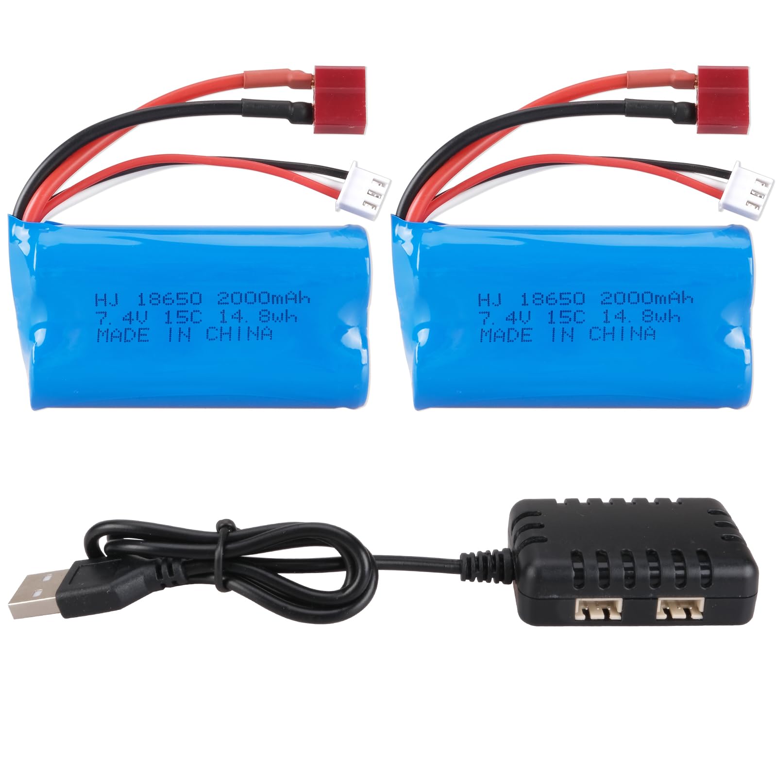 7.4V 2000mAh 2S 15C High Rate Li-ion Rechargeable RC Battery with Dean-Style T Plug, for RC Helicopter, RC Car, RC Truck, RC Boat Universal Replacement Battery with 1-to-2 USB charger
