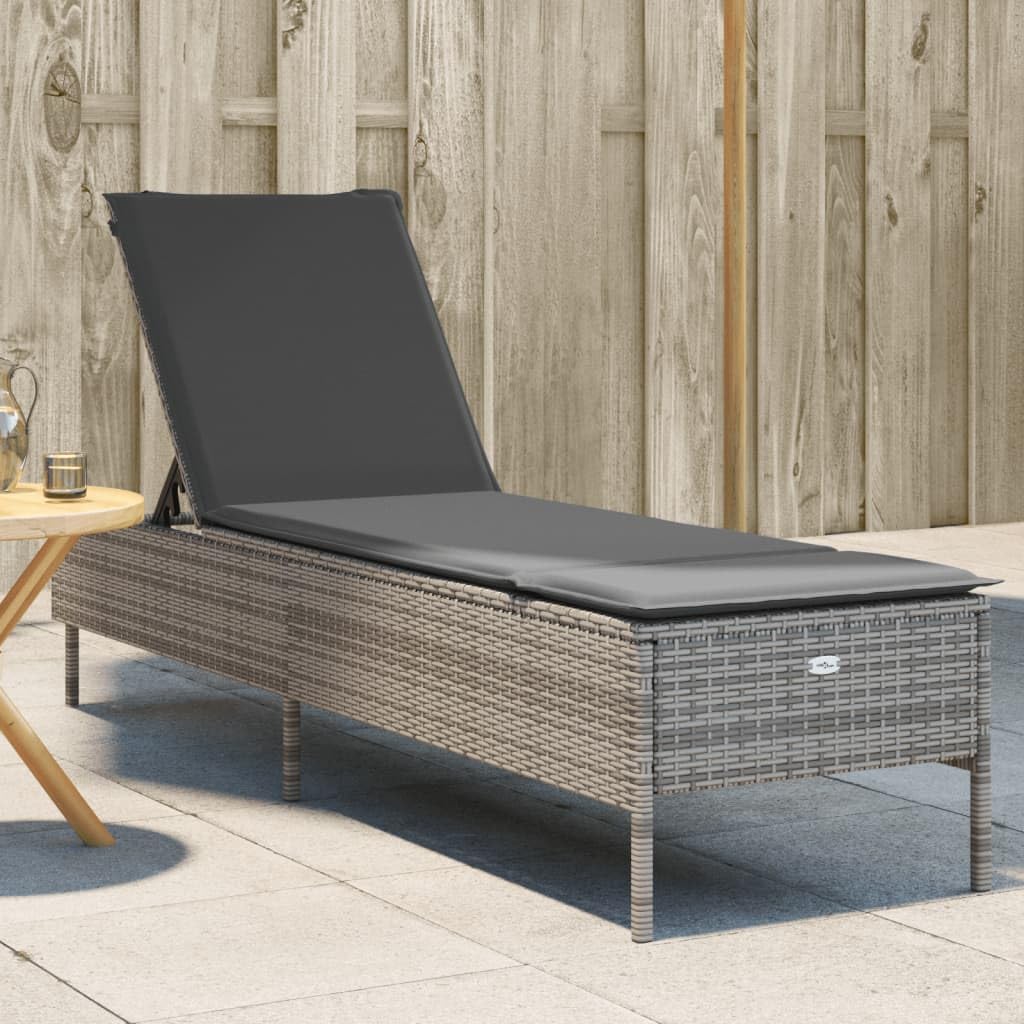 Tumbona de polirratán con cojín, color gris, 198 cm | Cómoda tumbona para el jardín o la terraza con respaldo ajustable en 5 posiciones y acolchado lavable.