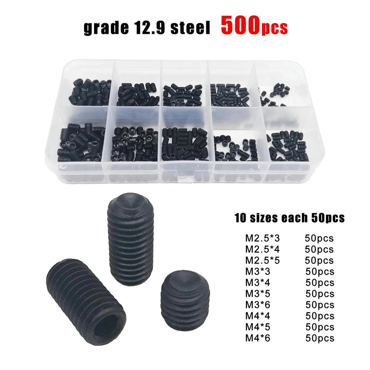 500/1500X M2 M2.5 M3 M4 M5 M6 M8 N916 304 stal szlachetna czarny sześciokątny klucz imbusowy Allen Cup Point Grub Bolt Set Screw Box stal szlachetna 1500 sztuk