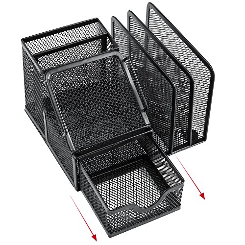 Plemo Mesh Desk Organizer Office Supplies Caddy with 6 Compartments: Drawer, Pen Holder, Memo Holder & File Holder, 6.42" x 4.13" x 5.71" - Thumbnail 5