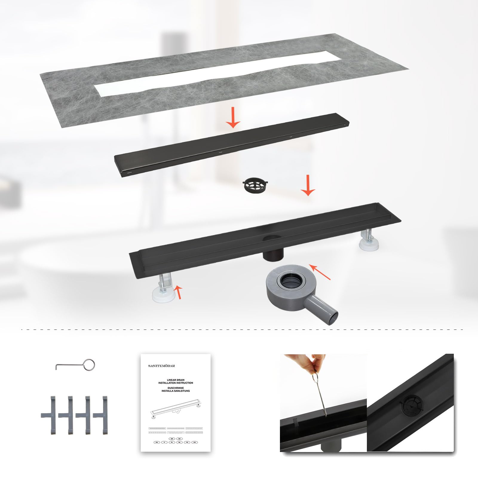 SaniteModar Canalina Scarico Doccia Nero 60cm, Canaletta Doccia con 360° Sifone e Filtro, Pannelli 2 in 1