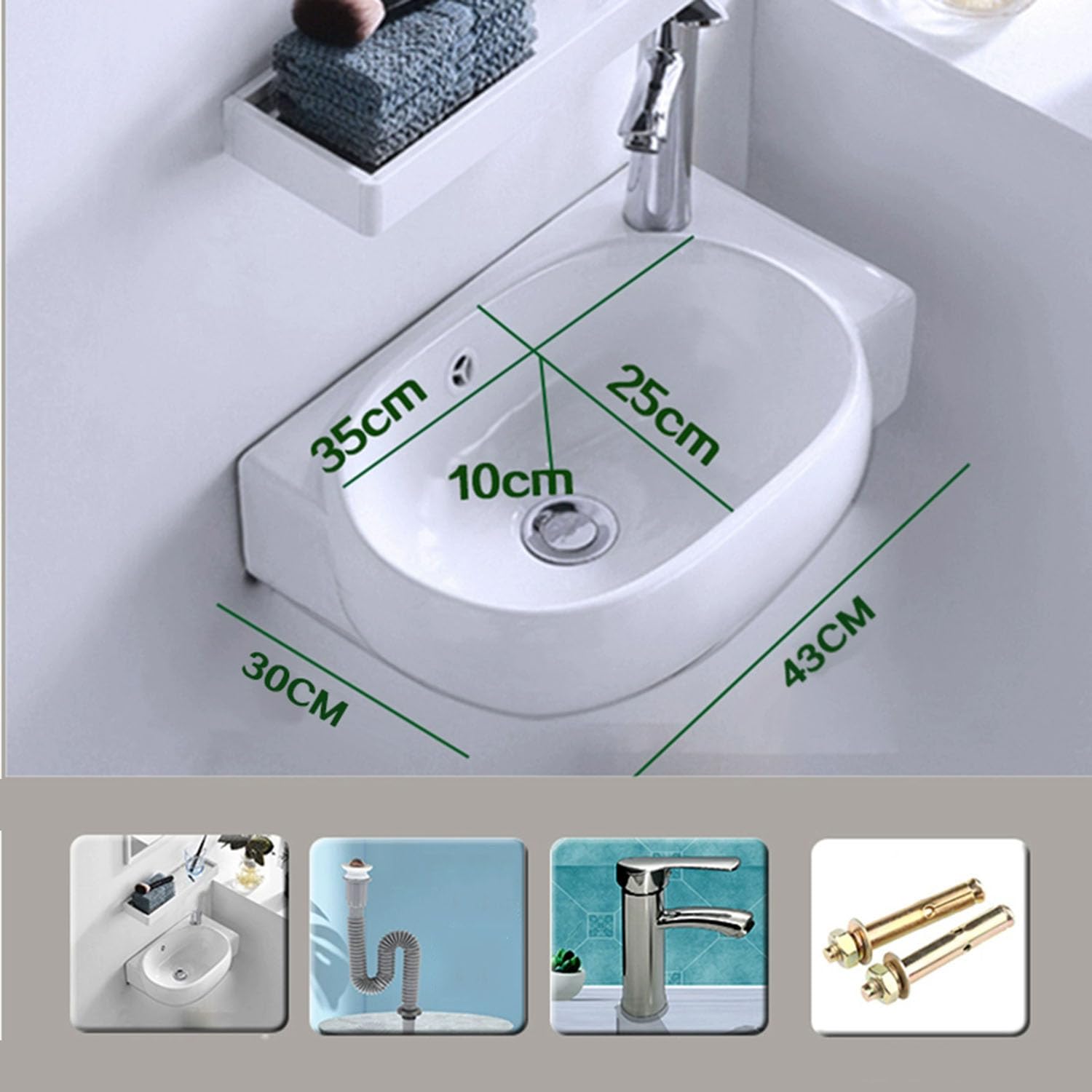 Fregadero de cerámica compacto montado en la pared con escurridor y agujeros para grifo, ideal para baños pequeños y lavaderos, diseño que ahorra espacio, accesorio de baño moderno, fácil instalación