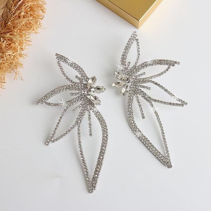 Silver Butterfly Stud Shiny Crystal Wing Earrings Large Butterfly Stud Shiny Leaf-shaped Flower Stud Boho Chic Retro Crystal Personality Earrings4