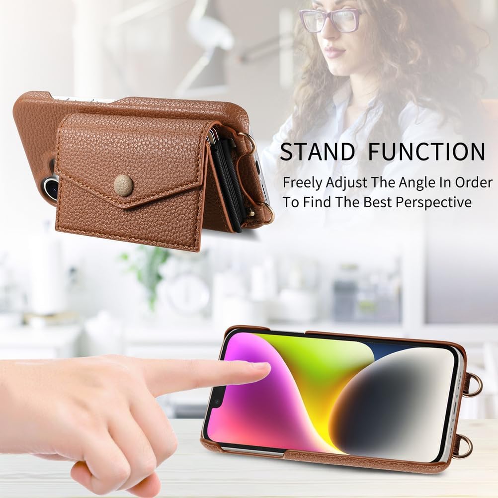 Crossbody Case for iPhone 17/17 Air/17 Pro/17 Pro Max, Stylish Wallet Leather Cover with Card Holder and Makeup Mirror Phone Case Beige