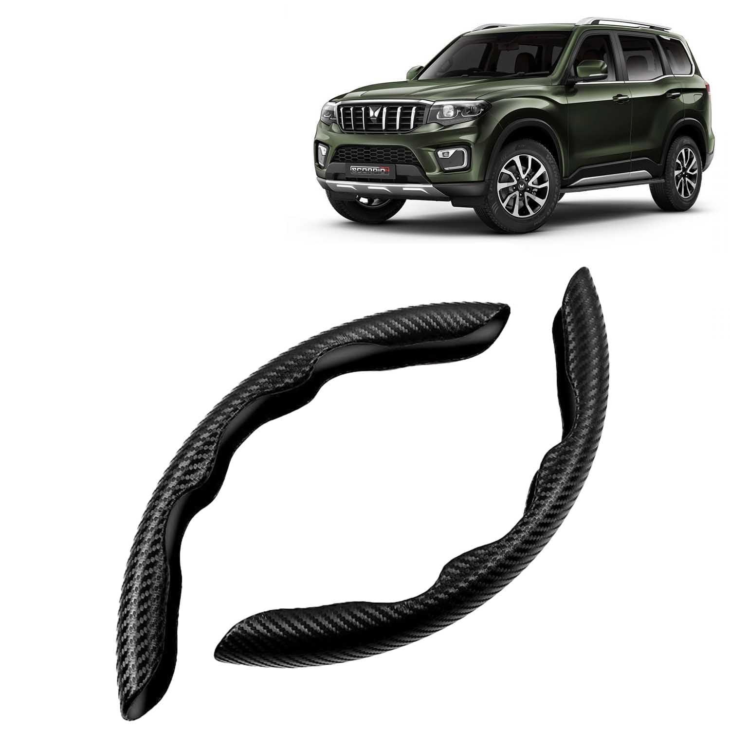 KINGSWAY Advanced Fiber Steering Wheel Grip Cover Compatible with Mahindra Scorpio N (Year 2022 Onwards) with Carbon Black Finish, Universal Fit Non-Slip and Safe Car Accessories, Set of 2 Pieces