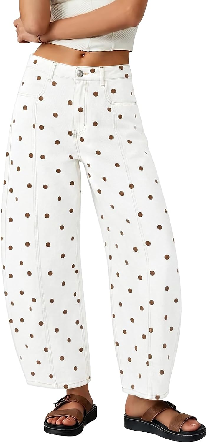 Tankaneo Womens Polka Dot Barrel Jeans High Waisted Wide Leg Denim Pants | cotton, vintage, boyfriend, baggy, Y2K, fall casual, loose fit, cropped