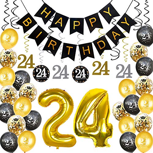 HankRobot 24th Birthday Decorations Party Supplies（42pack） Gold Number Balloon 24 Happy Birthday Banner