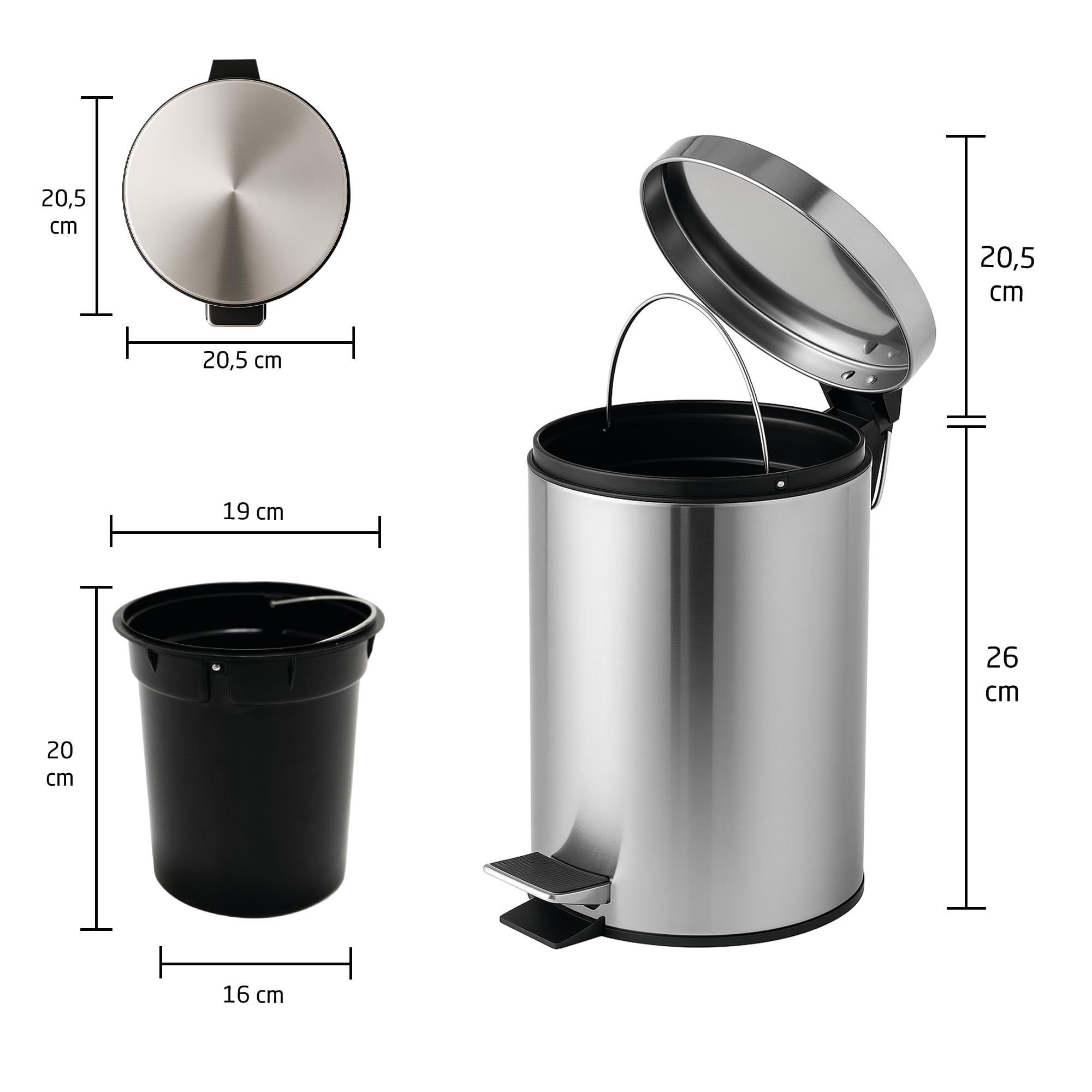 Amig - Cubo de Basura para Baño con Pedal 3 Litros Mod. Linea - Color Inox Pulido - Apertura Higiénica sin Manos - Ø16,8 x 25,5 cm - Acero Inoxidable - Papelera Redonda con Cubo Interior Removible