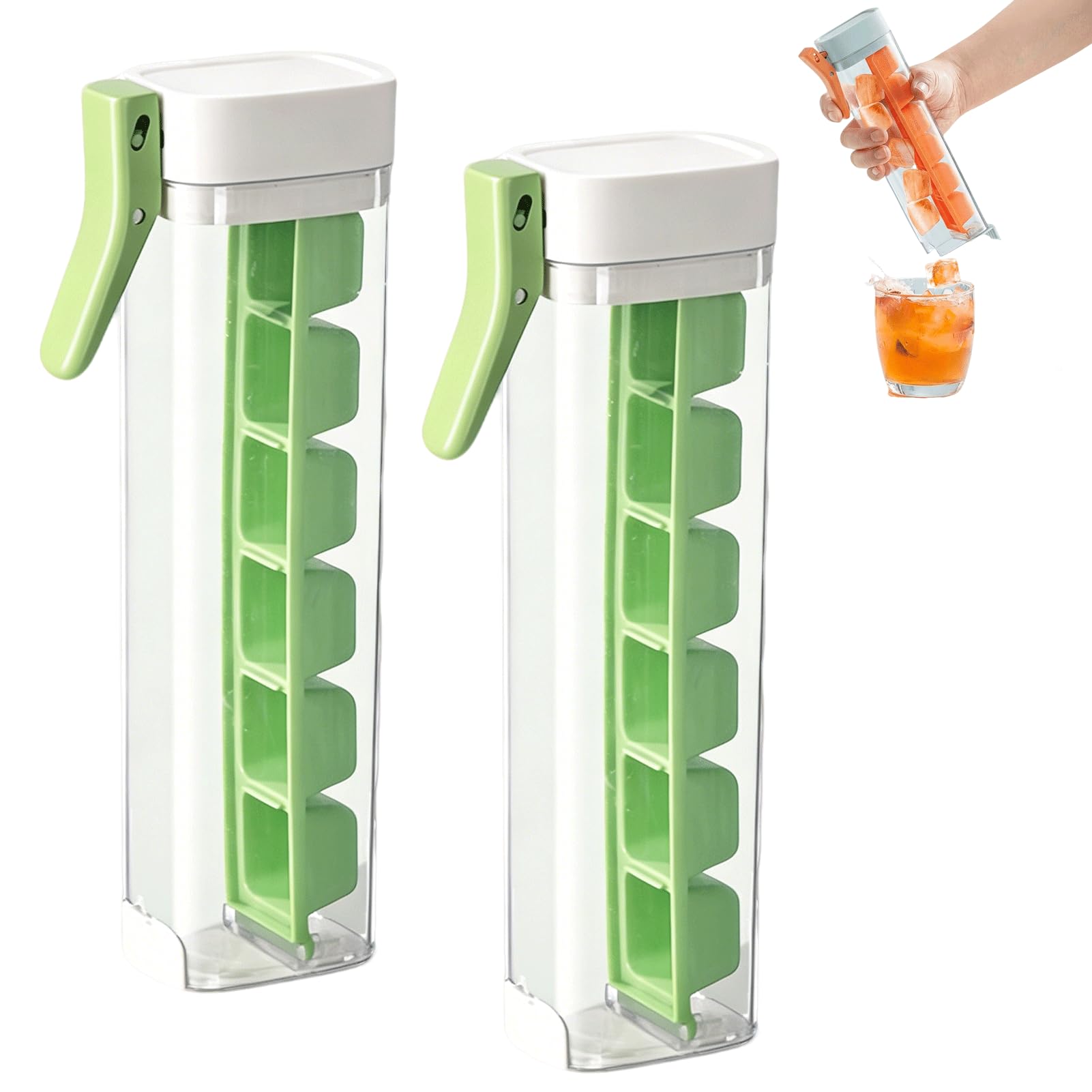 One Glass Ice Maker, One Glass Ice Cube Maker, 6 Grid Square Ice Cube Tray, Portable Press Ice Tray Mold with Handle, Space Saving & Easy to Release (Green+Green)