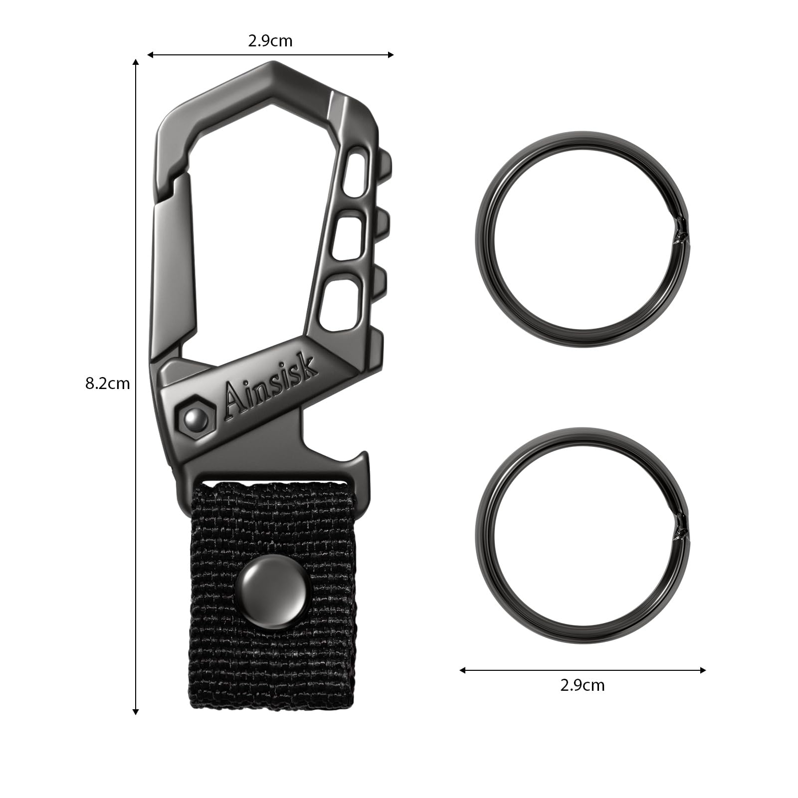 Ainsisk Heavy duty key chain,bottle opener function car keychains,versatile metal snap hook carabiner clip and 2 key rings suitable for men and women.1 piece black
