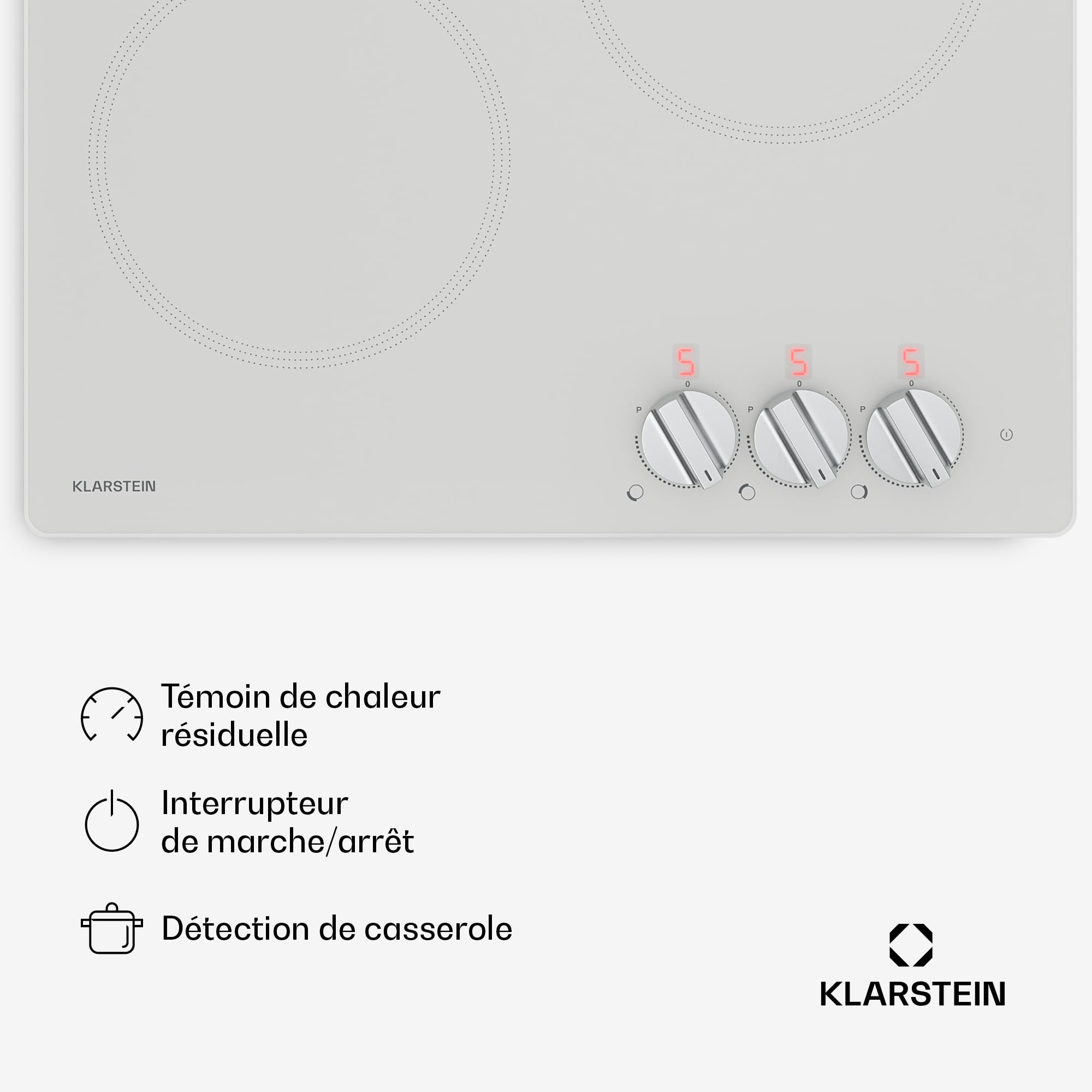 Klarstein Kochheld Placa Induccion 3 Fuegos - 5700W Boost, 3 Zonas, Mando Giratorio, Indicador Calor Residual, Protección Sobrecalentamiento, Vitrocerámica 45cm, Placa de Inducción, Blanco