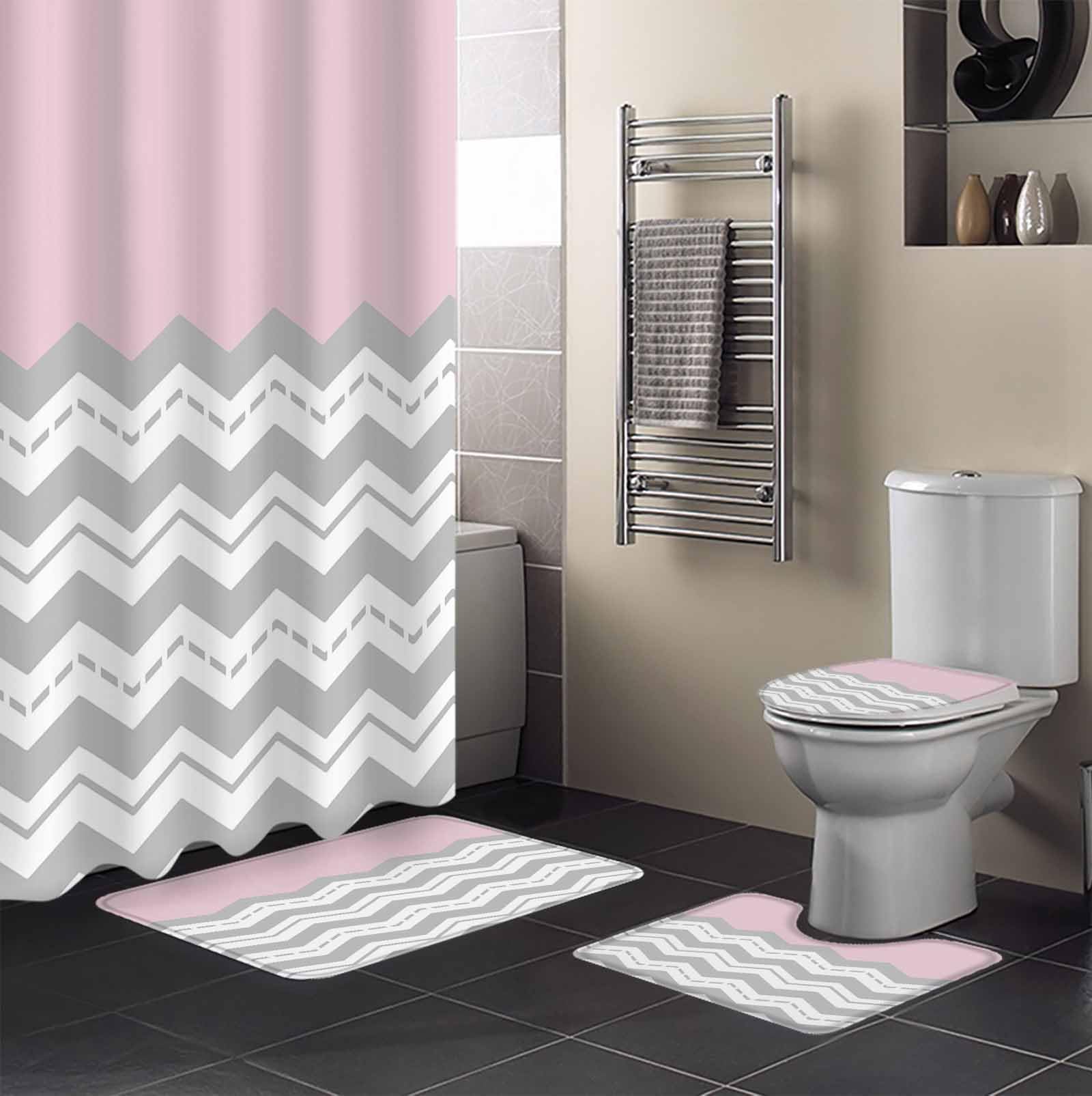 Grey Chevron Bathroom Set with Shower Curtain and Rug and Accessories - 36x72 Inches Long Geometric Pink Print Wavy Striped White Stall Curtain Waterproof with Large Bath Mat, Washable Runner Rug Set