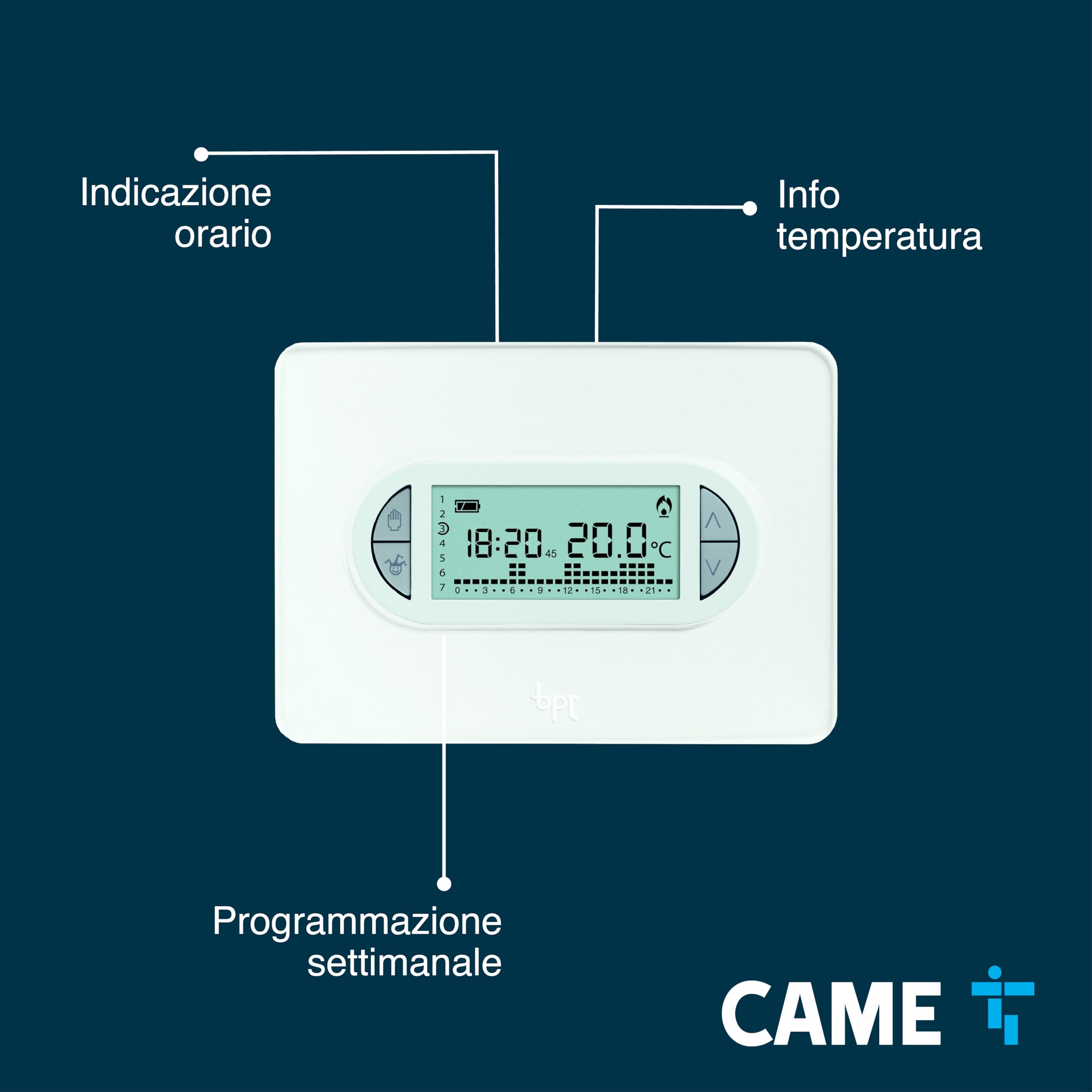 CAME Cronotermostato TH/450 digitale settimanale da parete a batterie ministilo, due cover incluse, controllo della temperatura differenziale e proporzionale integrale per l'ottimizzazione dei consumi