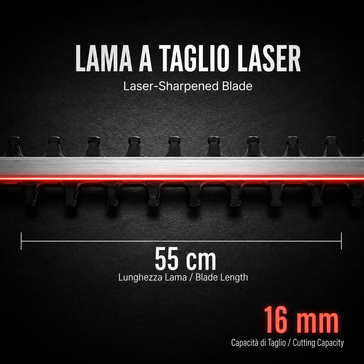 KOMBO - Tagliasiepi Elettrico 550W con Lama da 55 cm in Alluminio a Taglio Laser – Capacità di Taglio 16 mm, Velocità 1750 giri/min, Coprilama incluso – Classe 2, 230V